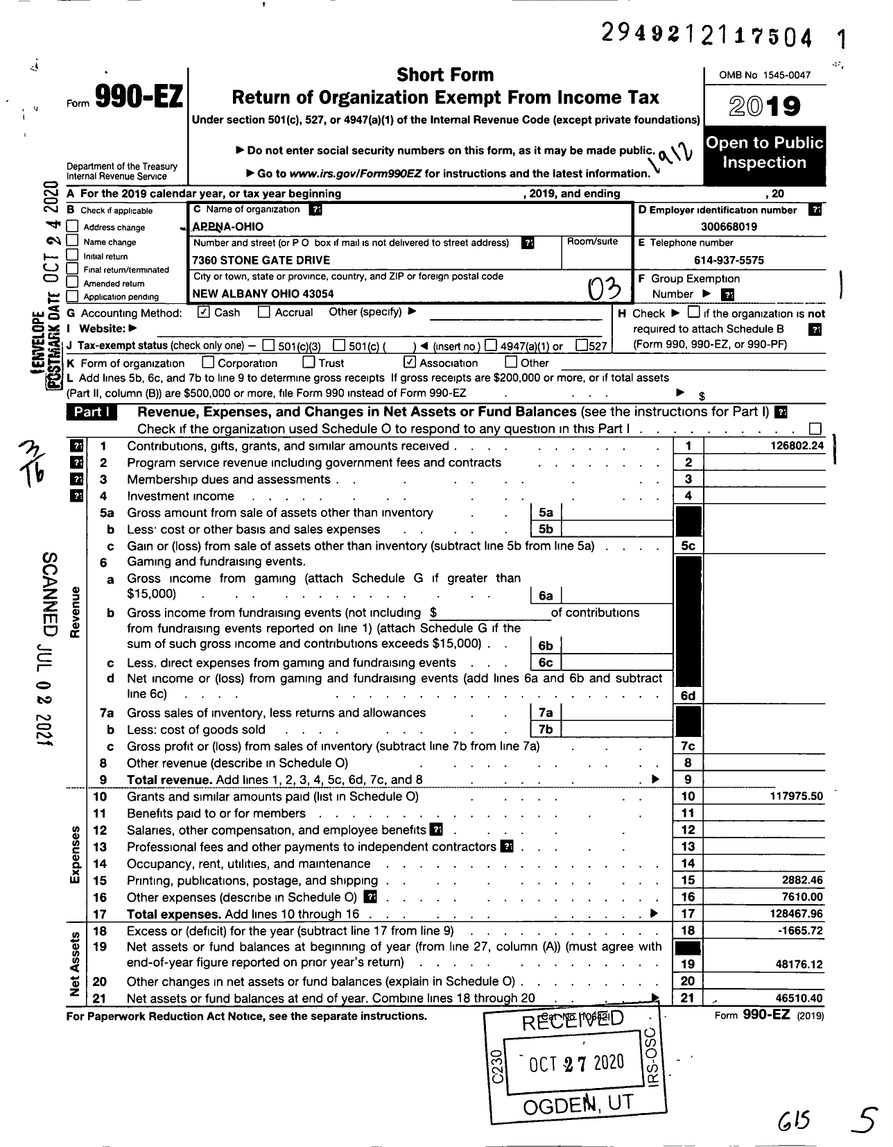 Image of first page of 2019 Form 990EZ for A P P N A-Ohio