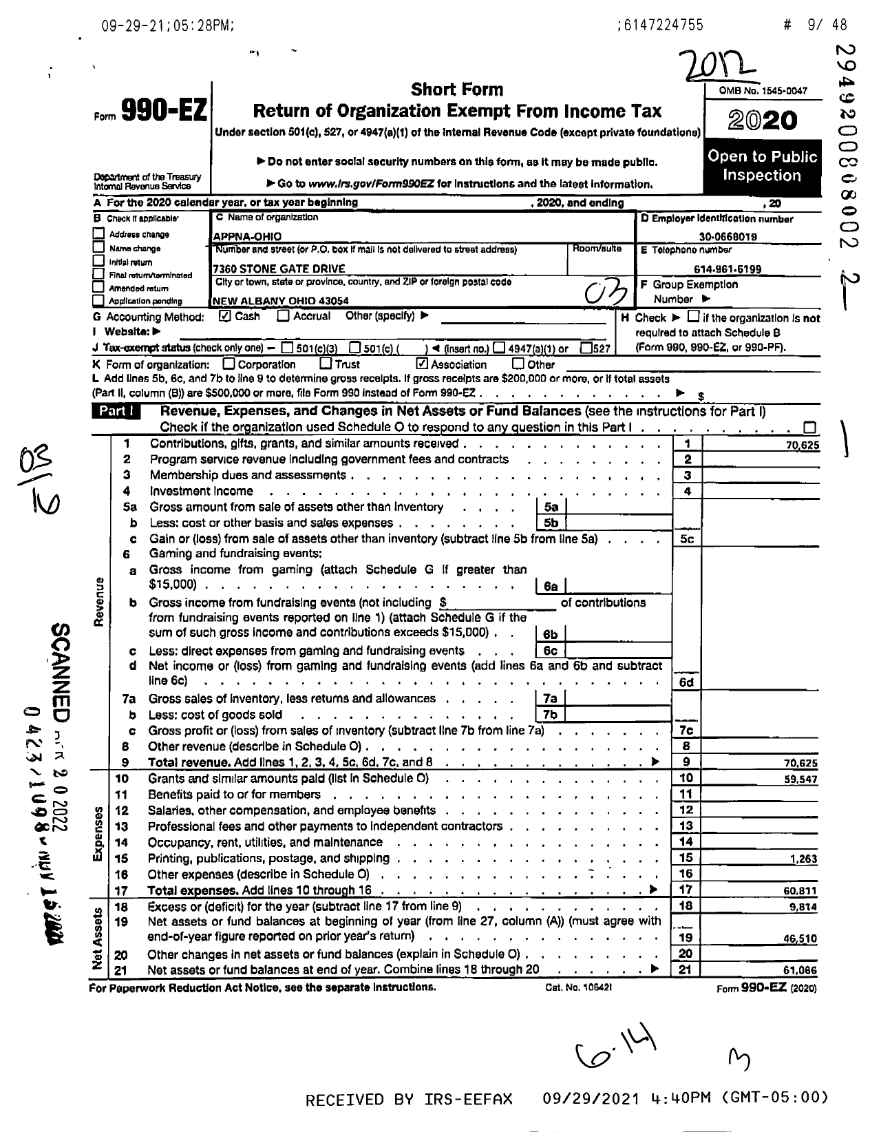 Image of first page of 2020 Form 990EZ for A P P N A-Ohio