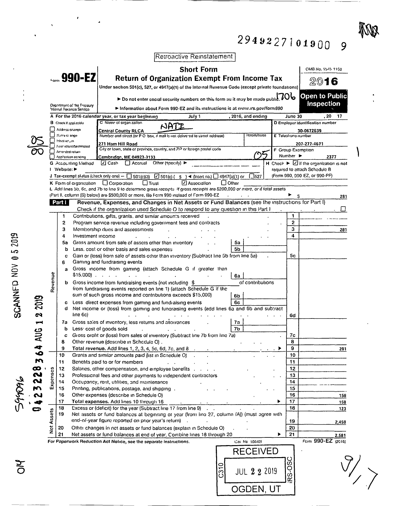 Image of first page of 2016 Form 990EO for National Rural Letter Carriers Association - Central