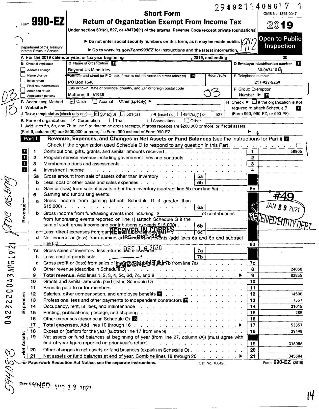 Image of first page of 2019 Form 990EZ for Beyond Us Ministries