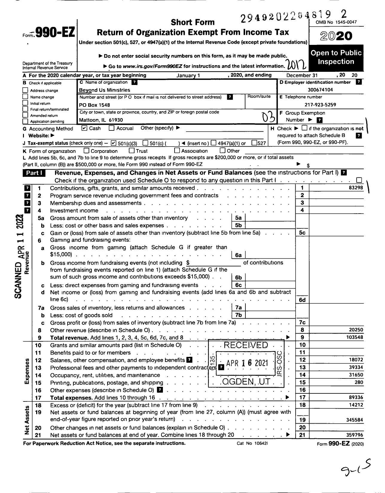 Image of first page of 2020 Form 990EZ for Beyond Us Ministries