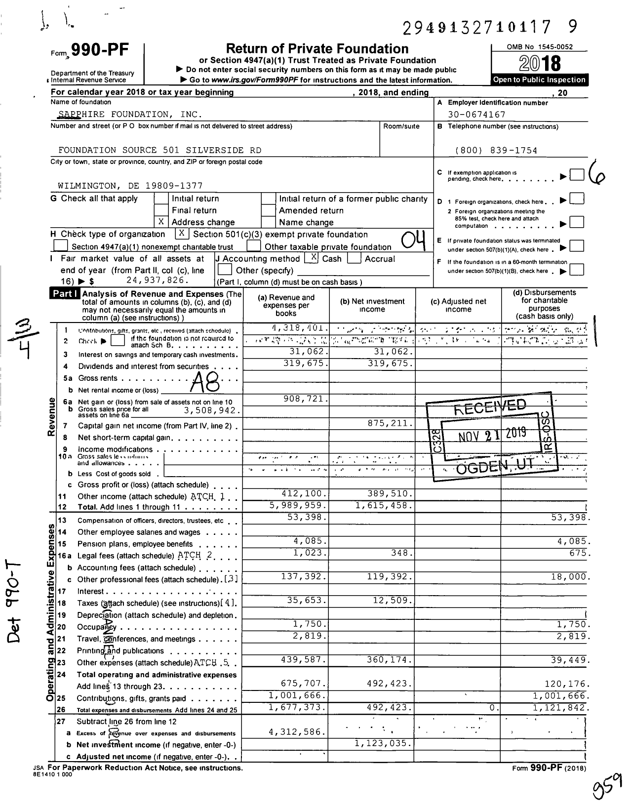 Image of first page of 2018 Form 990PF for Sapphire Foundation