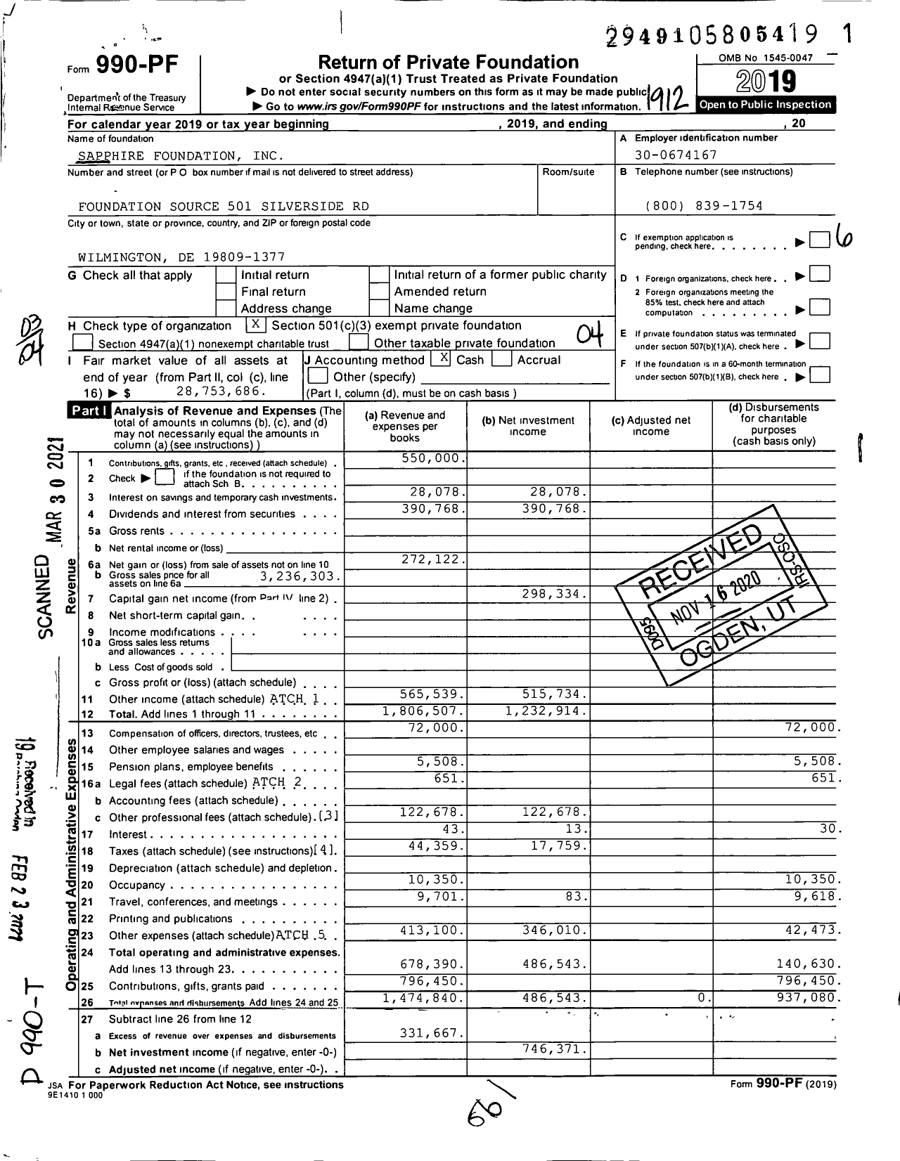Image of first page of 2019 Form 990PF for Sapphire Foundation