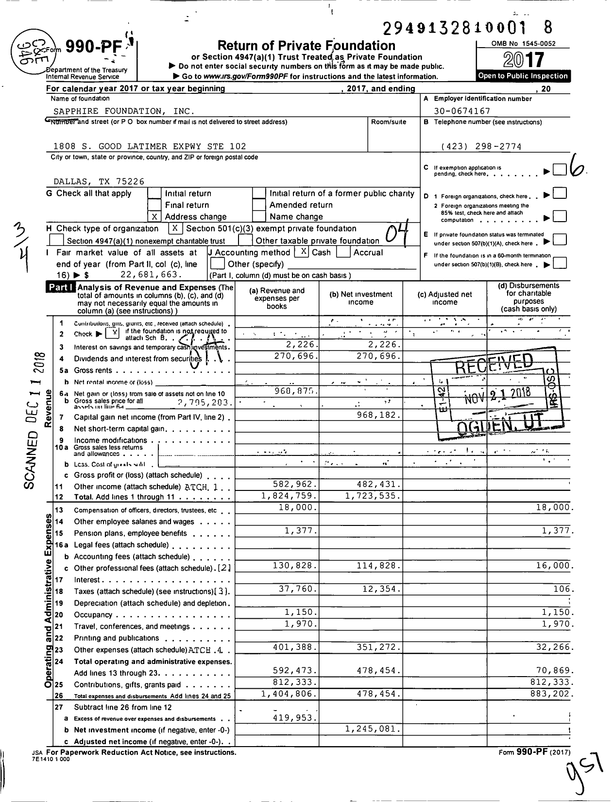 Image of first page of 2017 Form 990PF for Sapphire Foundation