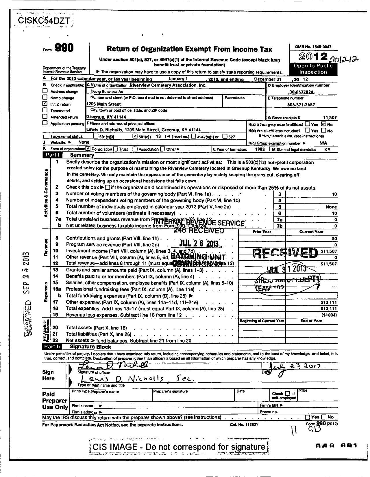 Image of first page of 2012 Form 990O for Riverview Cemetery Association