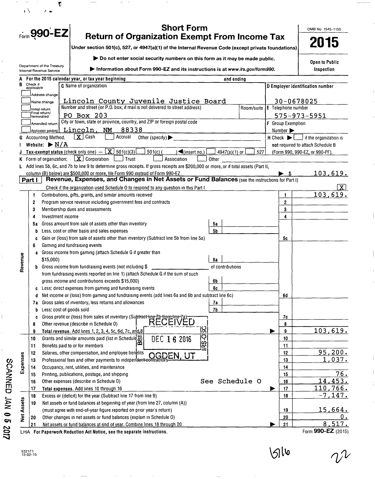 Image of first page of 2015 Form 990EZ for Lincoln County Juvenile Justice Board