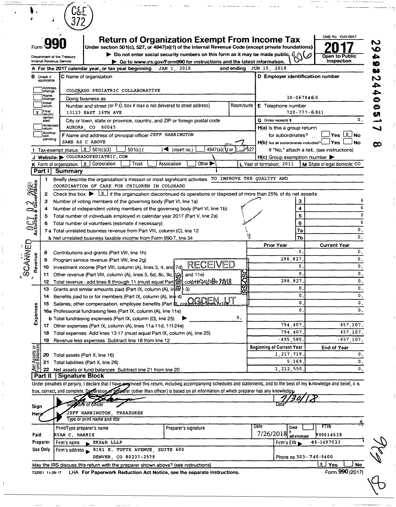 Image of first page of 2017 Form 990 for Colorado Pediatric Collaborative