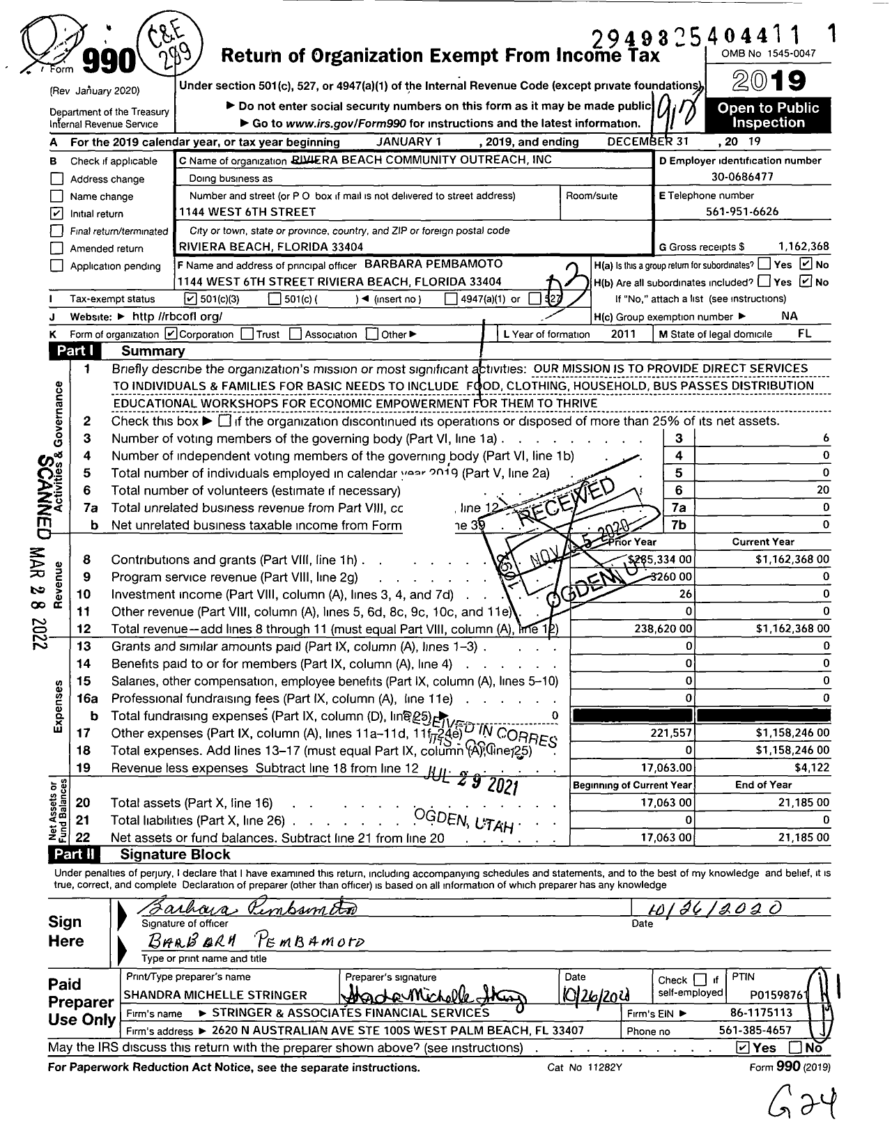 Image of first page of 2019 Form 990 for Riviera Beach Community Outreach