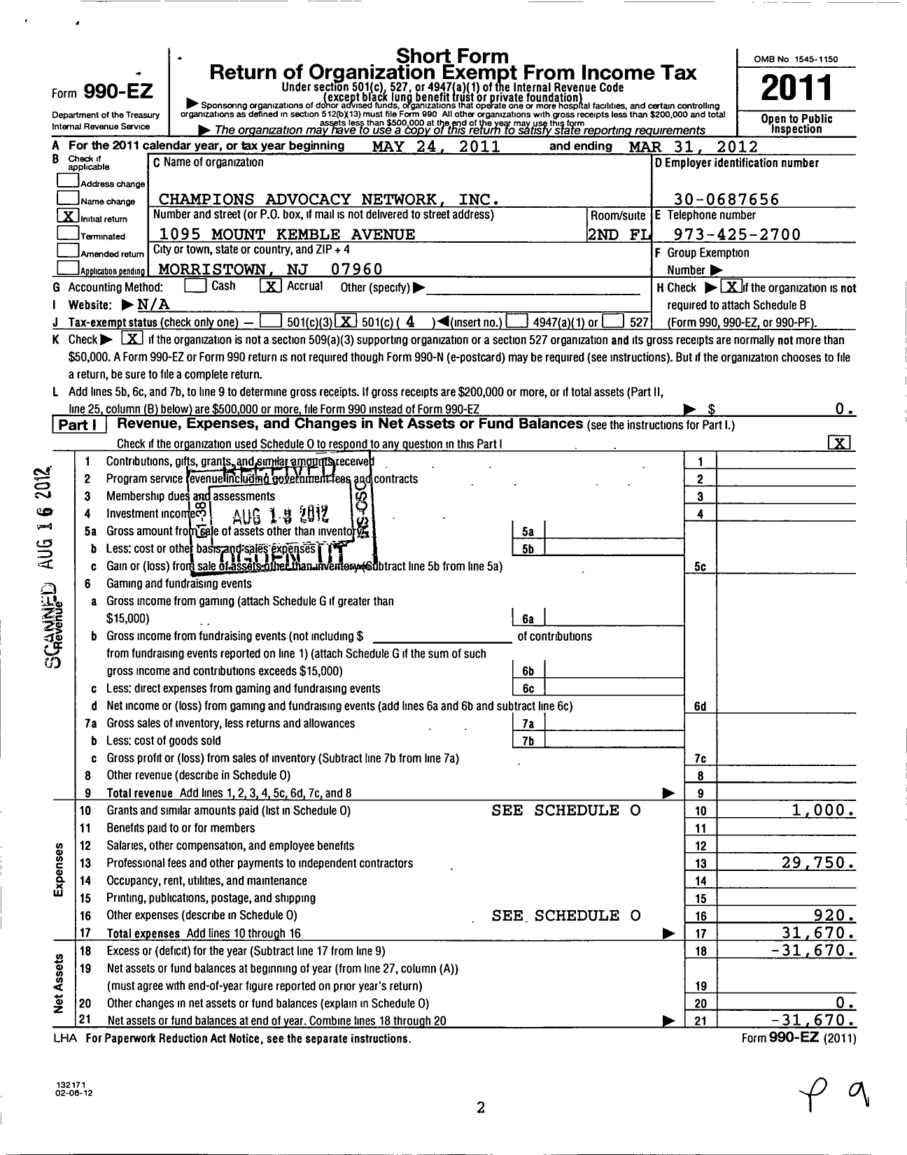 Image of first page of 2011 Form 990EO for Champions Advocacy Network