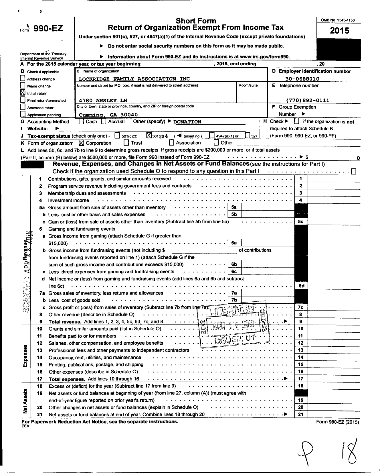 Image of first page of 2015 Form 990EO for Lockridge Family Association