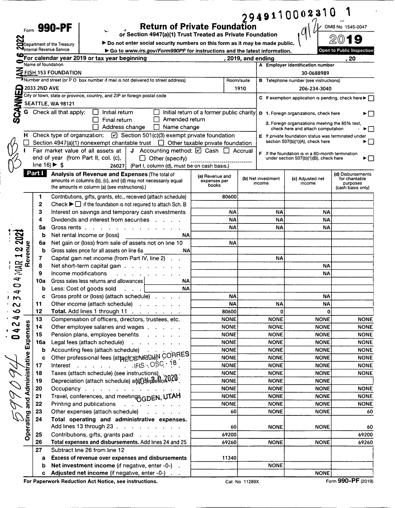 Image of first page of 2019 Form 990PF for Fish 153 Foundation