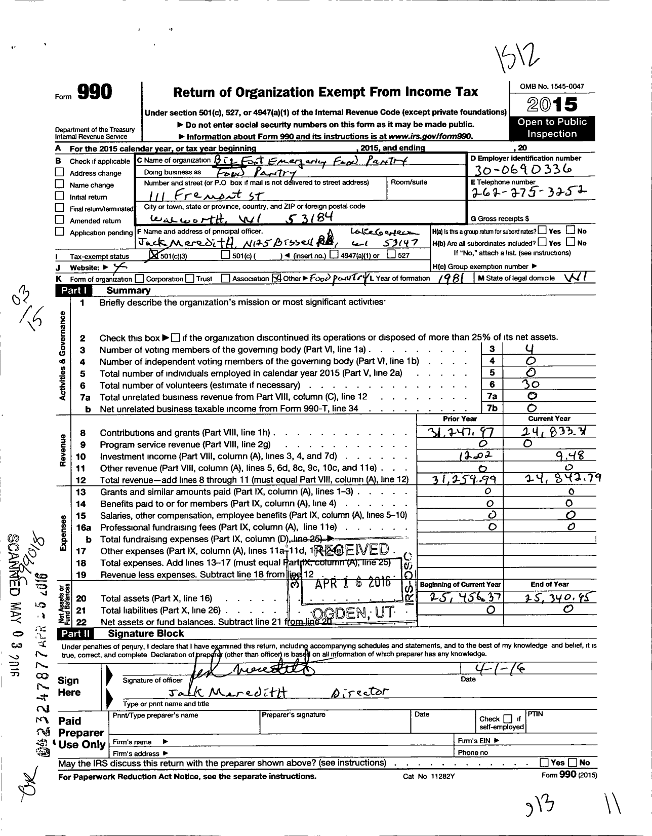 Image of first page of 2015 Form 990 for Big Foot Emergency Food Pantry