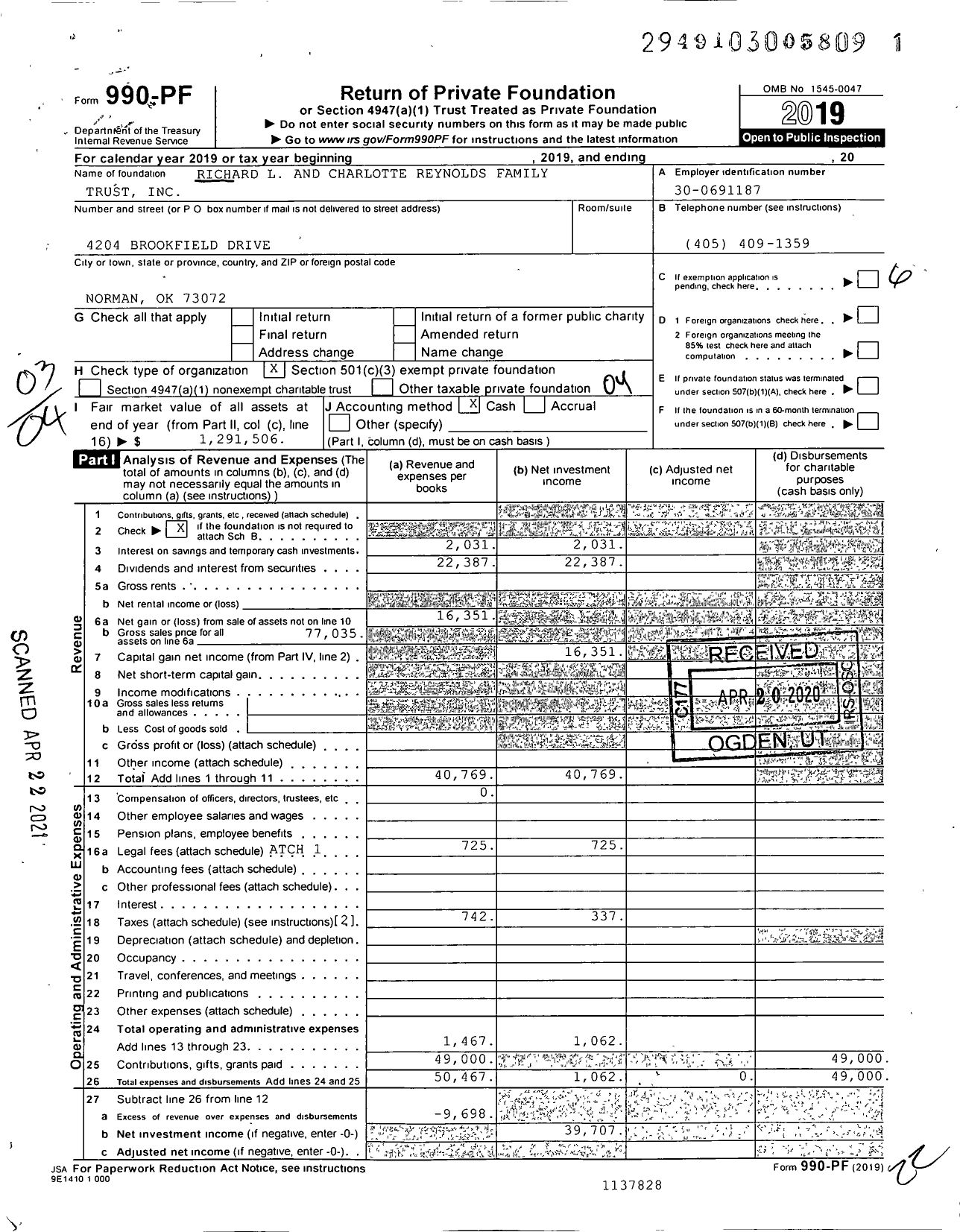 Image of first page of 2019 Form 990PF for Richard L and Charlotte Reynolds Family Trust