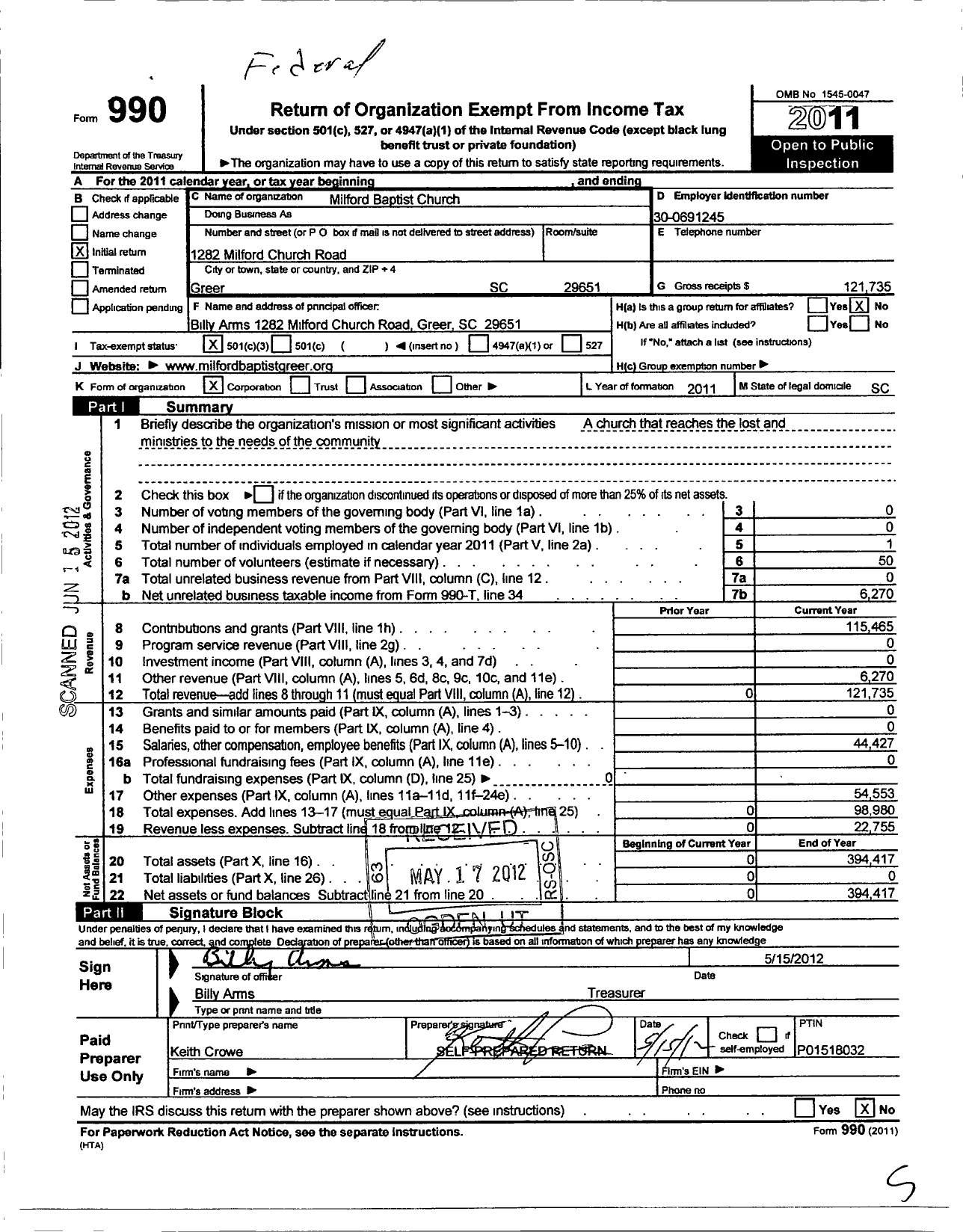 Image of first page of 2011 Form 990 for Milford Baptist Church