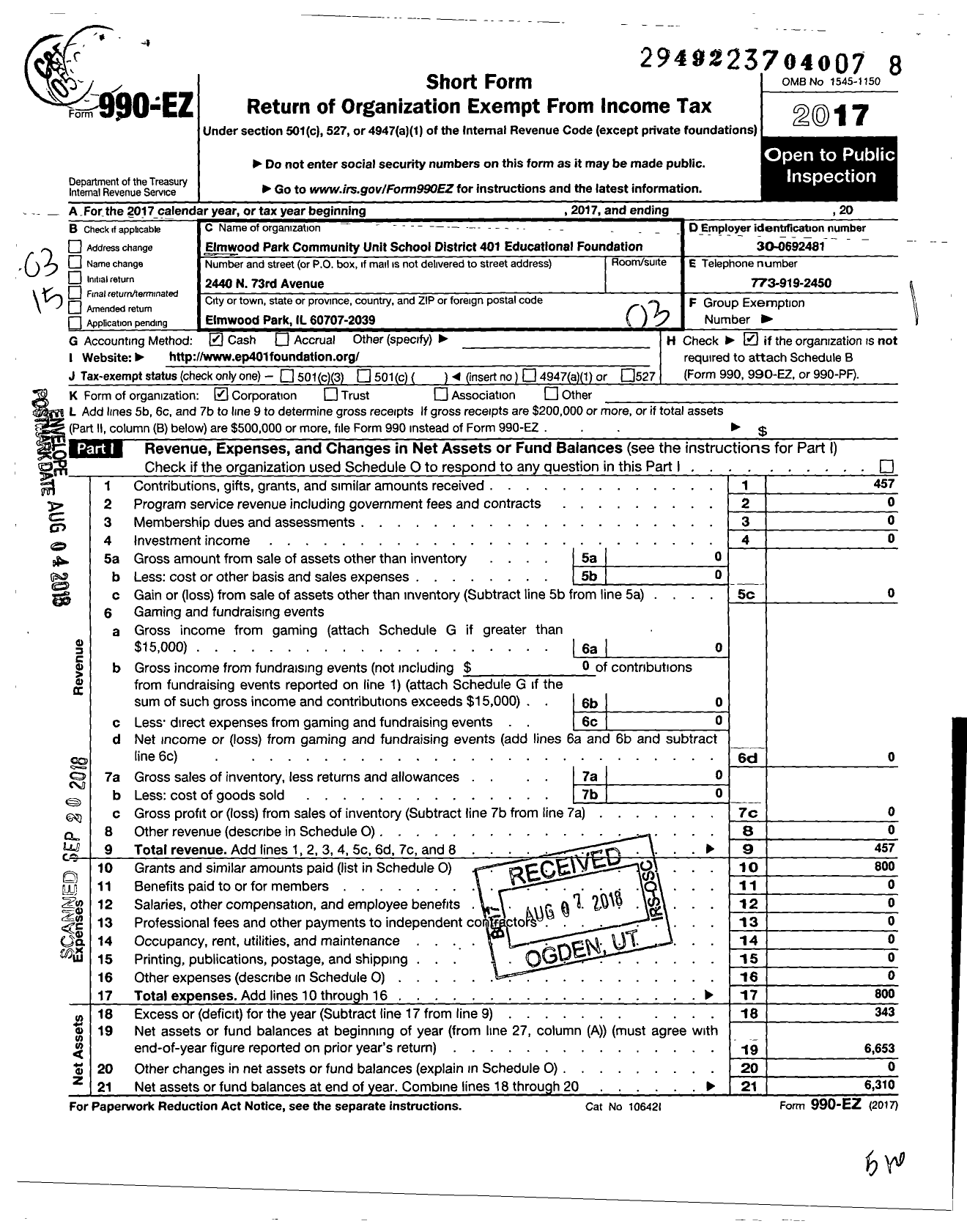 Image of first page of 2017 Form 990EZ for Elmwood Park Community Unit School District 401 Educational Foundation