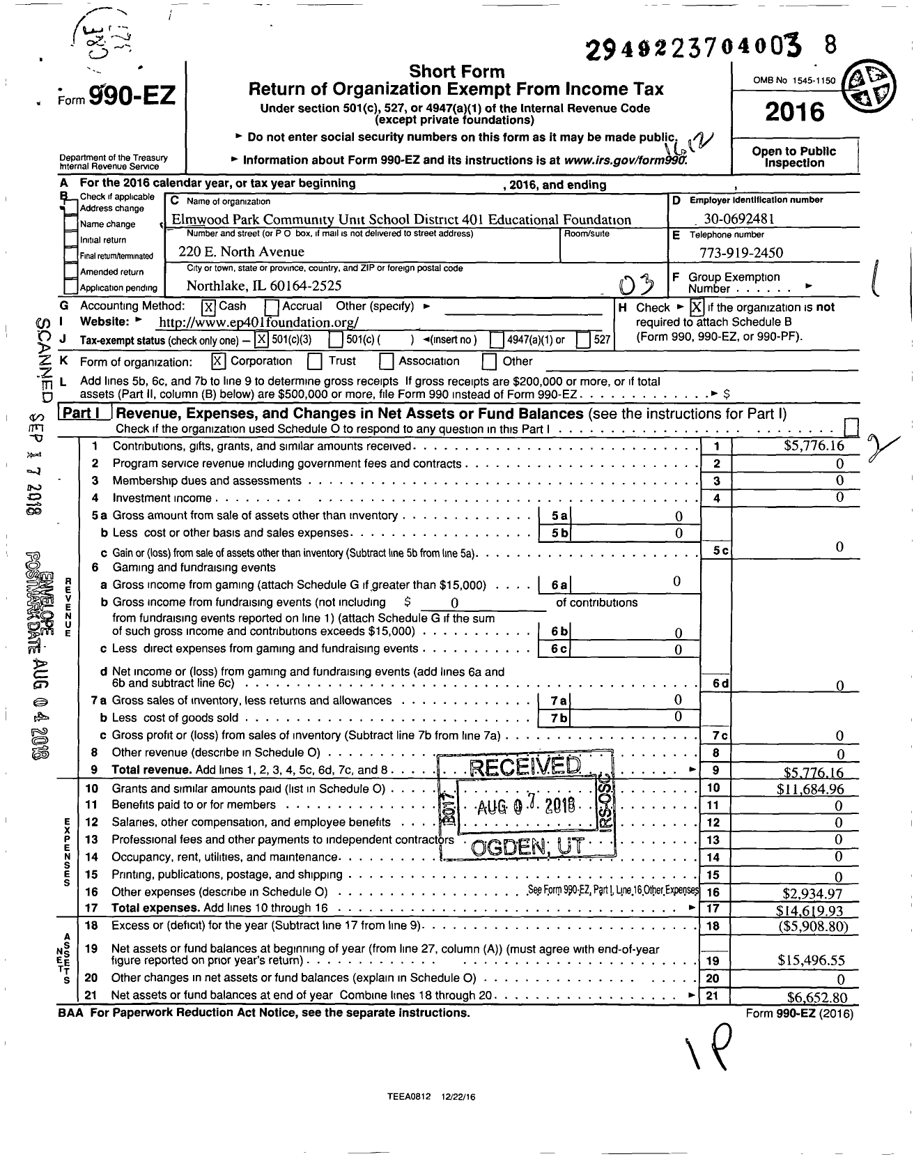 Image of first page of 2016 Form 990EZ for Elmwood Park Community Unit School District 401 Educational Foundation