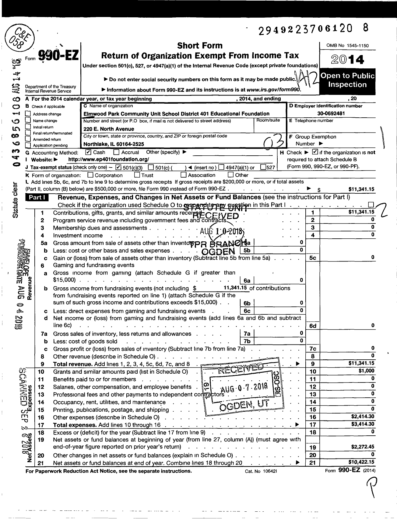 Image of first page of 2014 Form 990EZ for Elmwood Park Community Unit School District 401 Educational Foundation