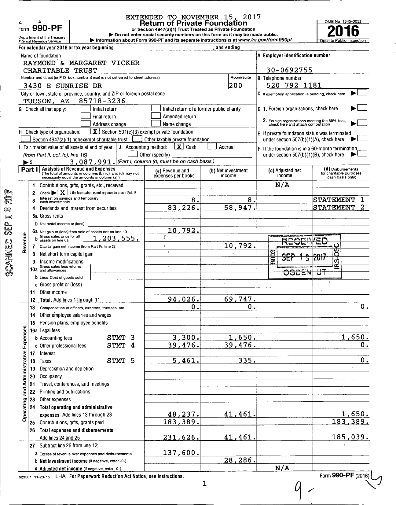 Image of first page of 2016 Form 990PF for Raymond and Margaret Vicker Charitable Trust