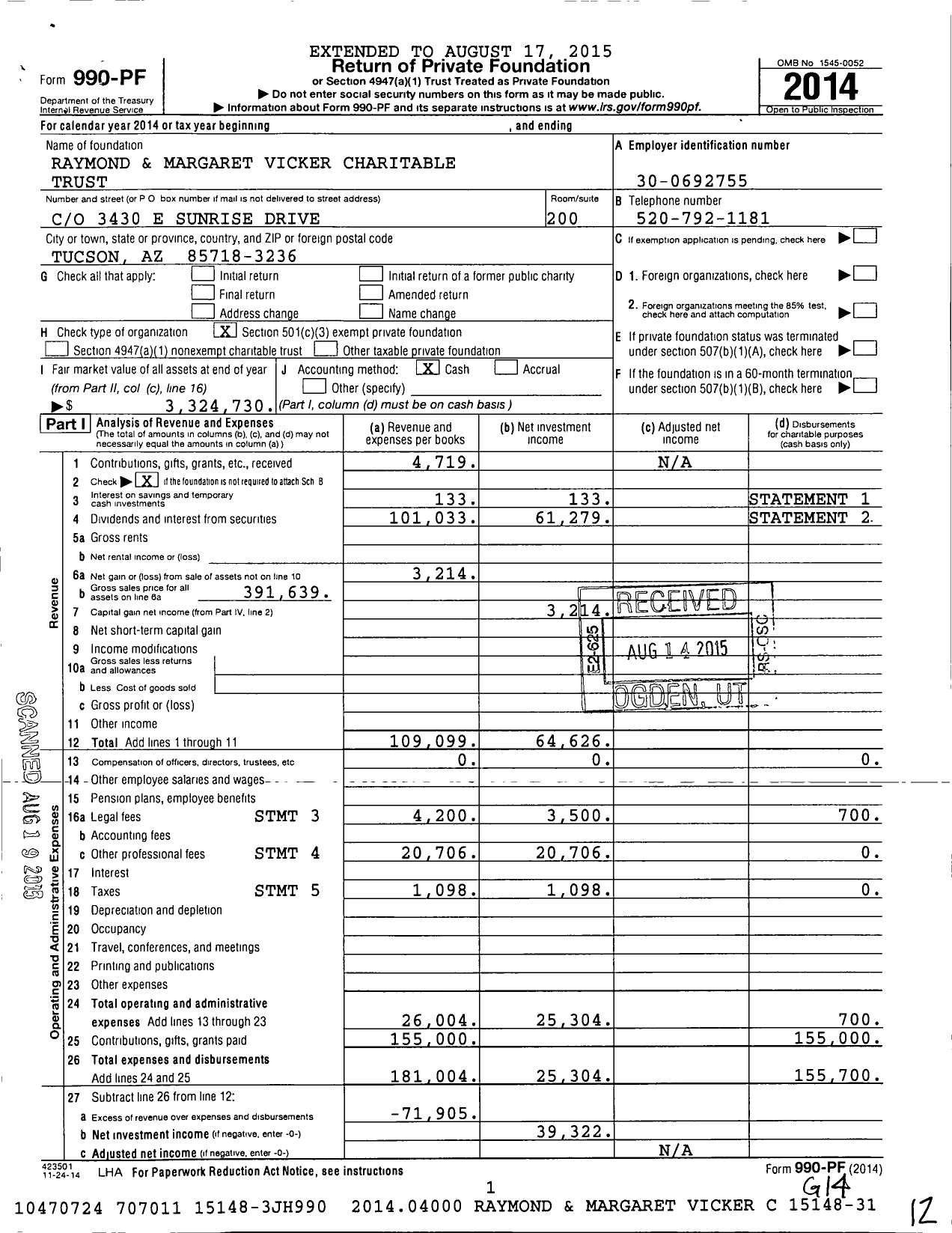 Image of first page of 2014 Form 990PF for Raymond and Margaret Vicker Charitable Trust