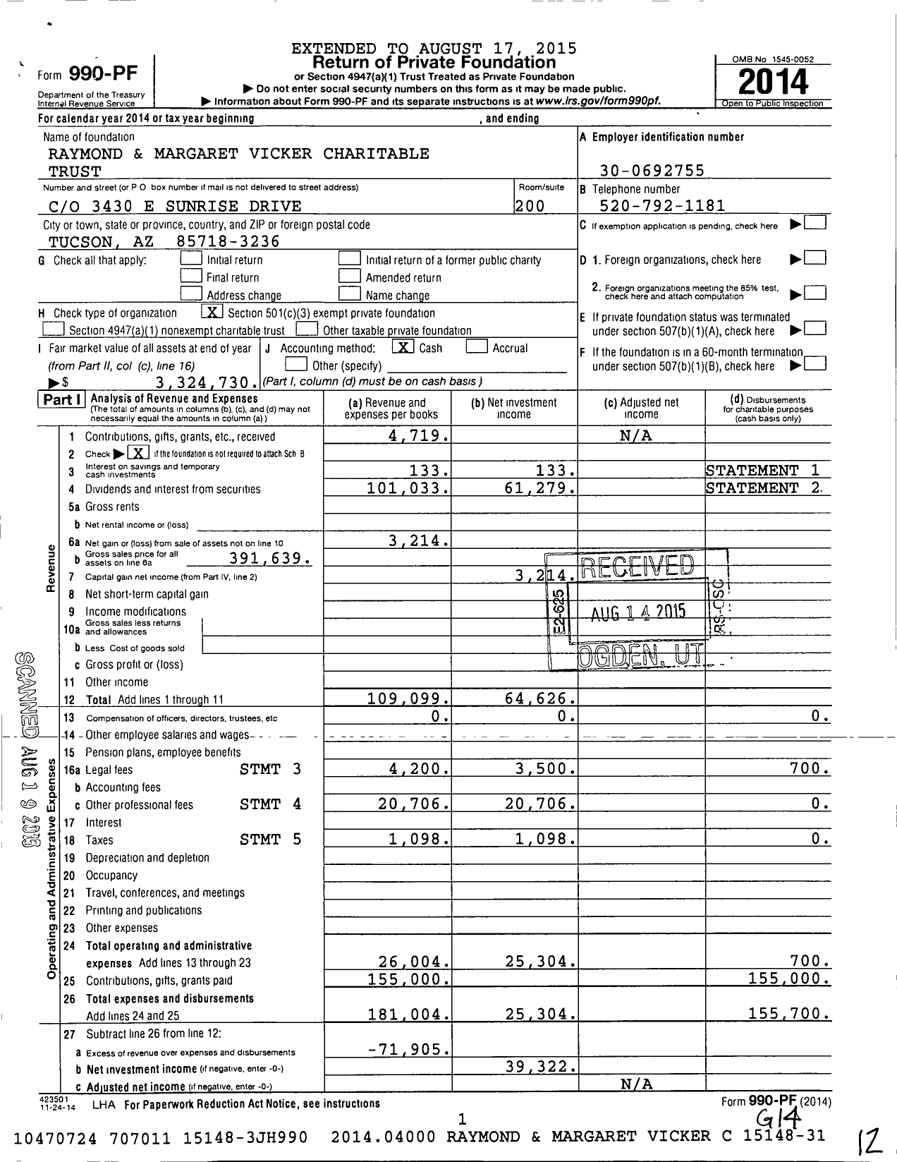 Image of first page of 2014 Form 990PF for Raymond and Margaret Vicker Trust