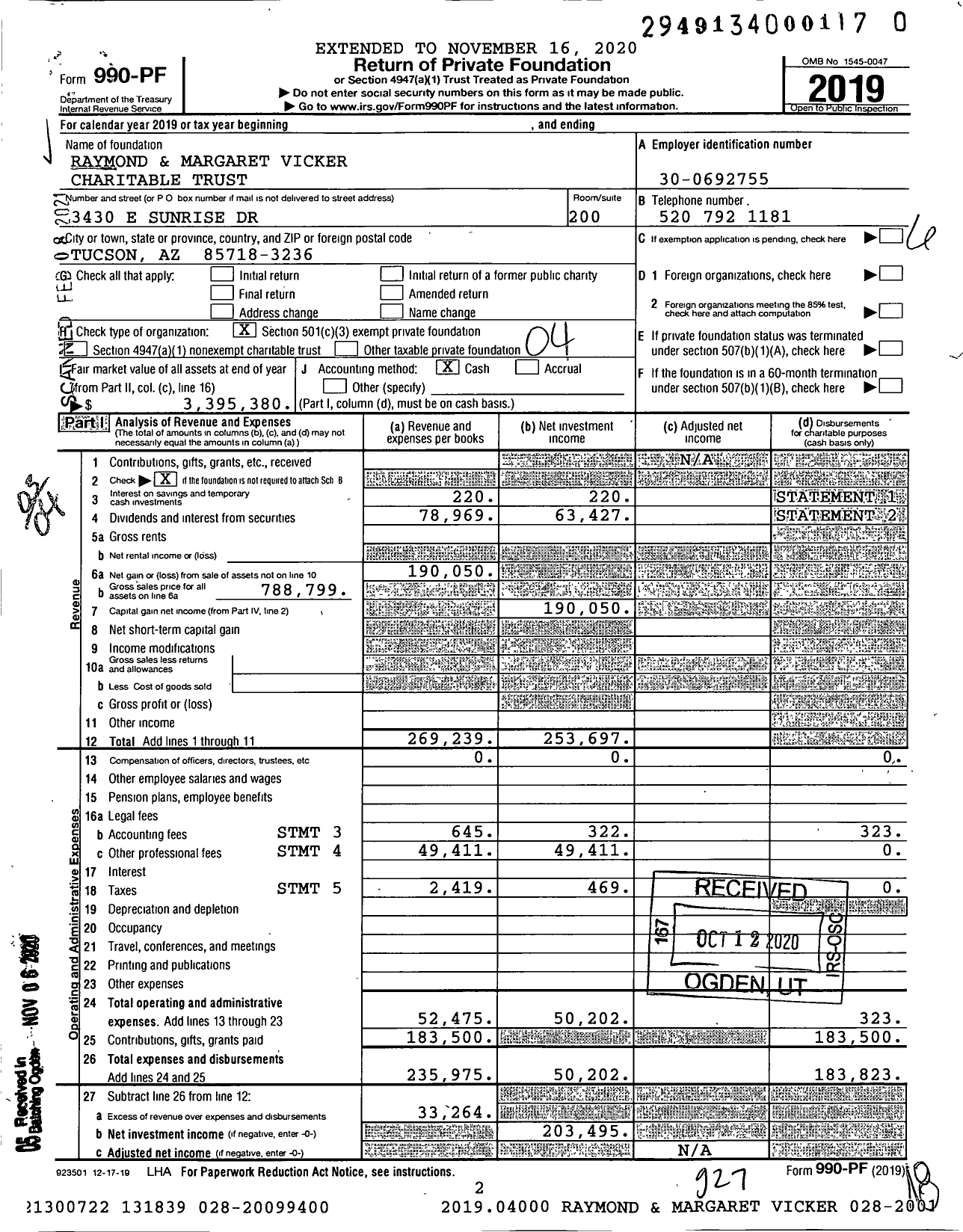 Image of first page of 2019 Form 990PF for Raymond and Margaret Vicker Charitable Trust