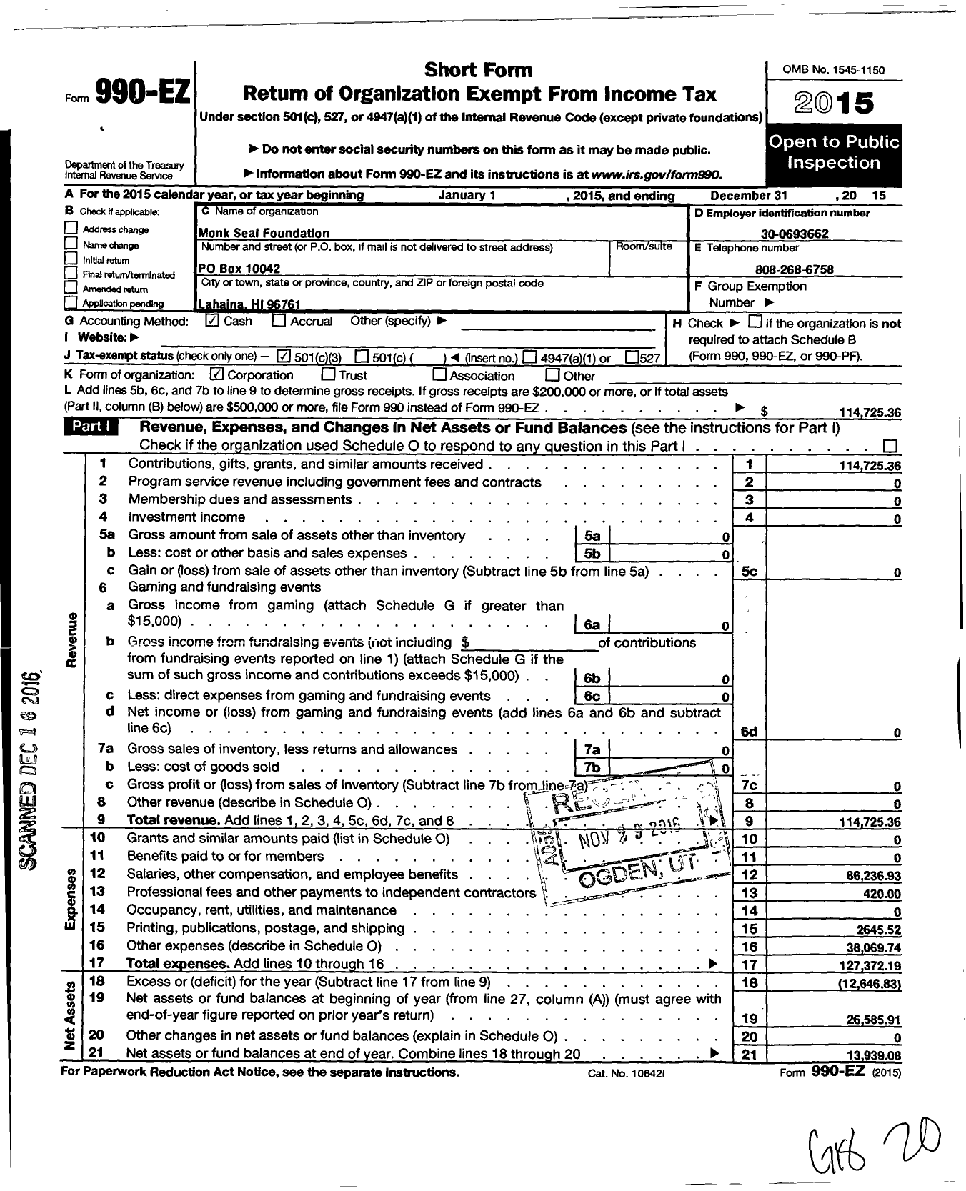 Image of first page of 2015 Form 990EZ for Monk Seal Foundation