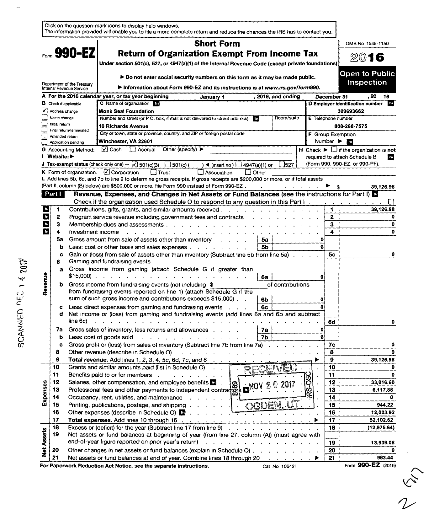 Image of first page of 2016 Form 990EZ for Monk Seal Foundation