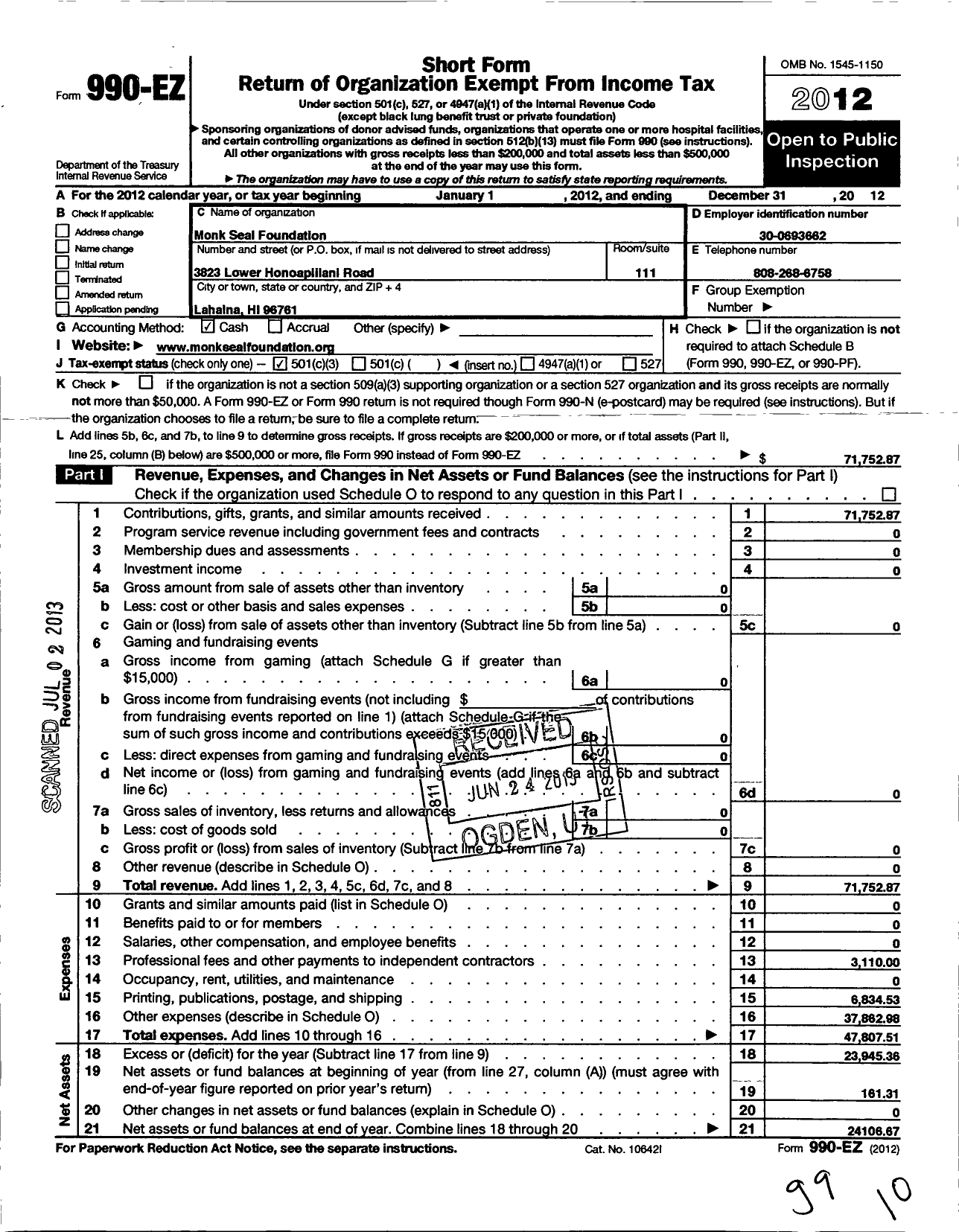 Image of first page of 2012 Form 990EZ for Monk Seal Foundation