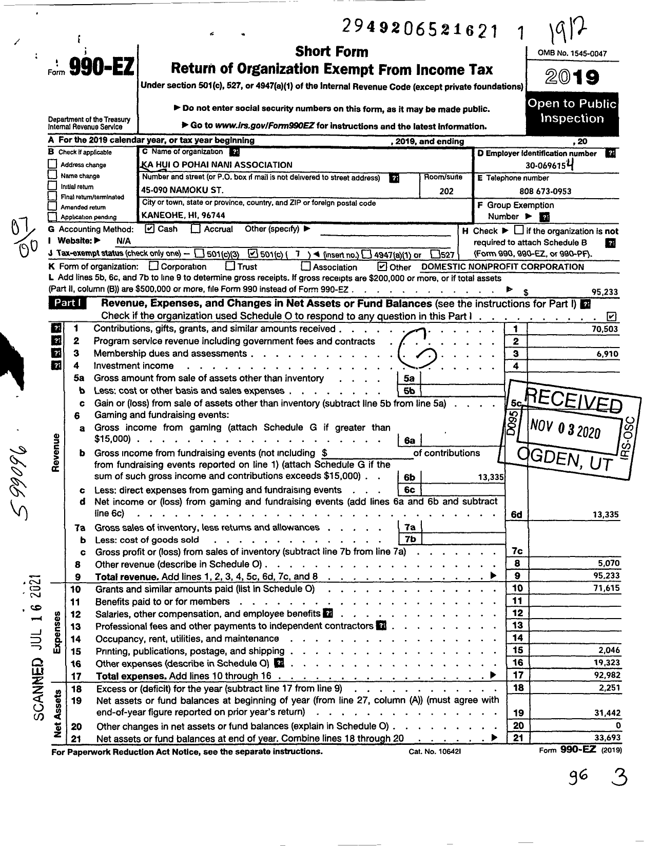 Image of first page of 2019 Form 990EO for Ka Hui O Pohai Nani Association