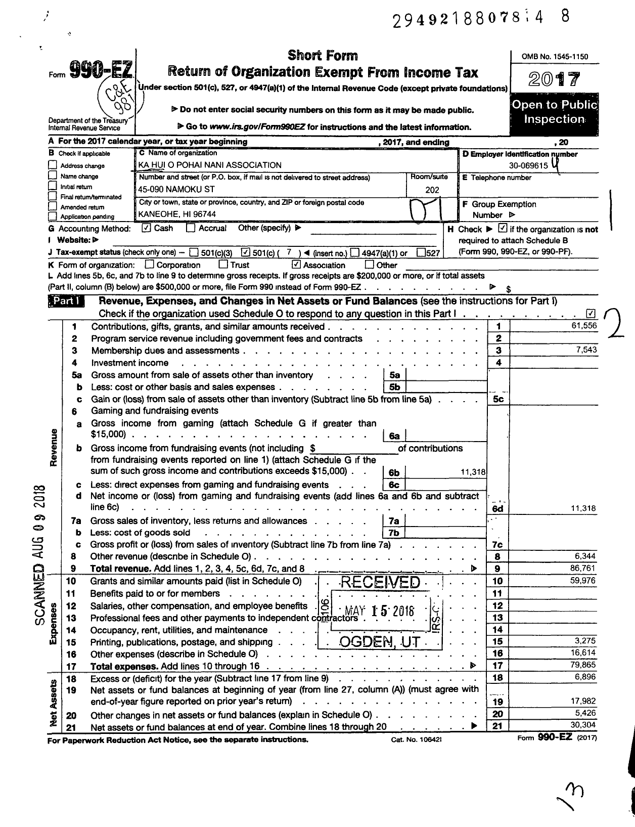 Image of first page of 2017 Form 990EO for Ka Hui O Pohai Nani Association