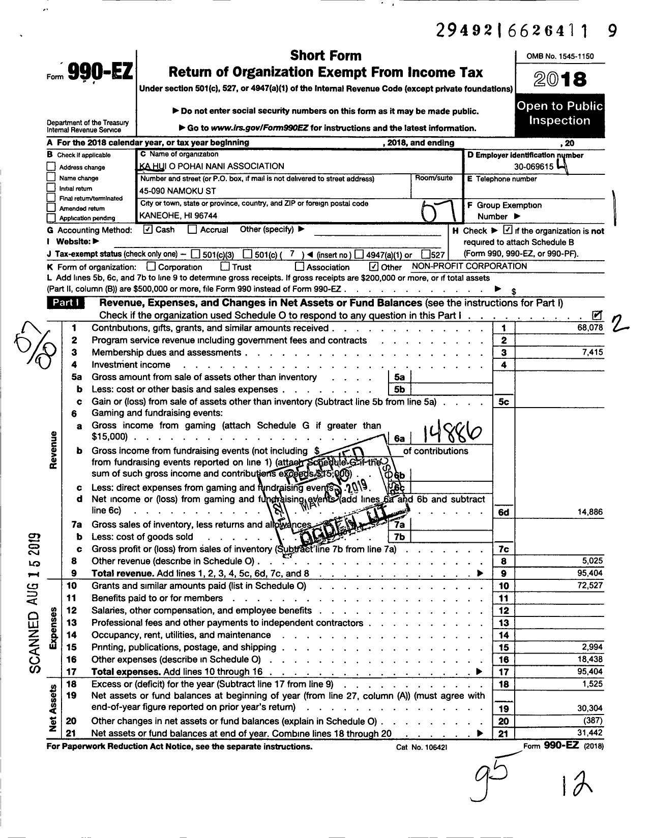 Image of first page of 2018 Form 990EO for Ka Hui O Pohai Nani Association