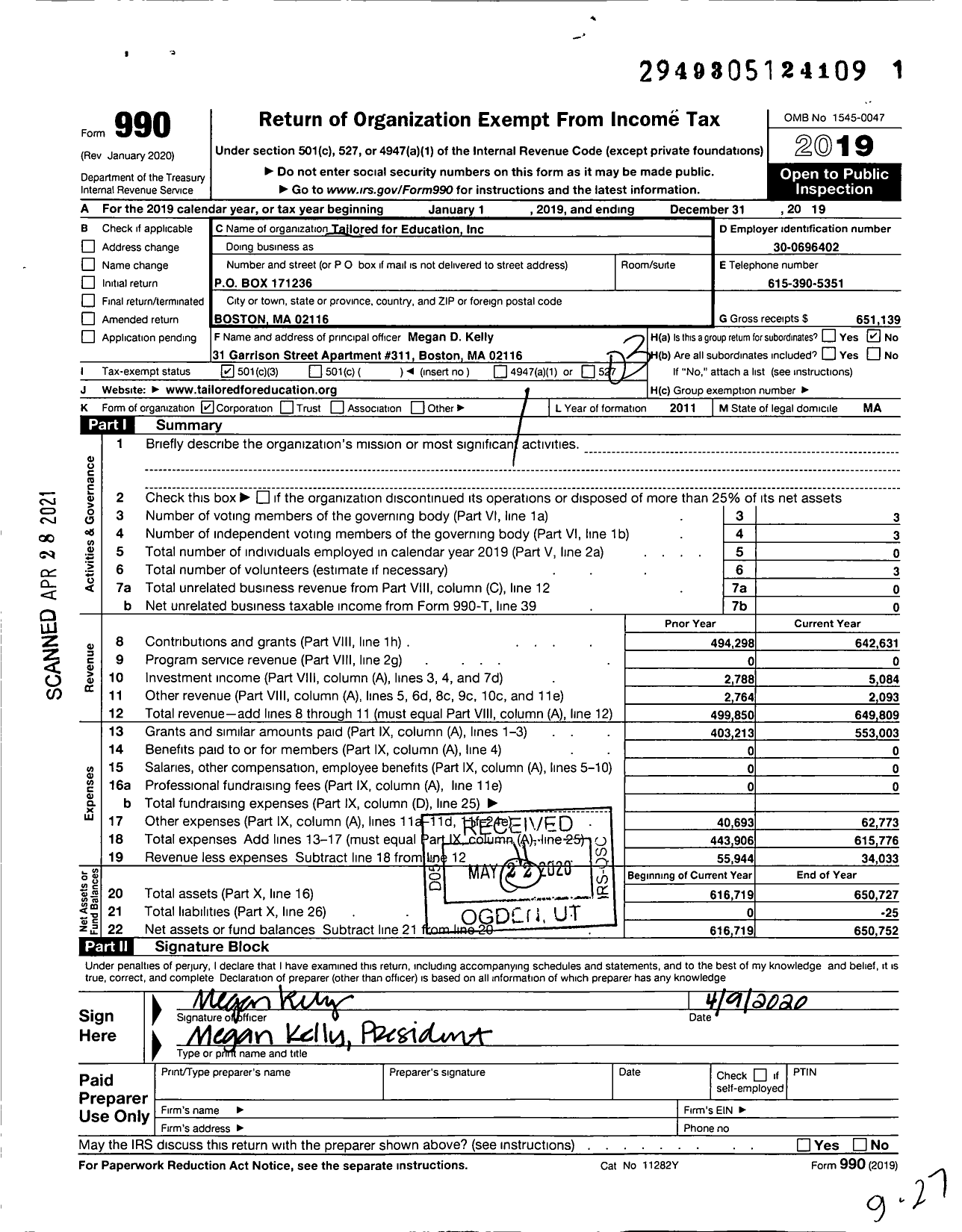 Image of first page of 2019 Form 990 for Tailored for Education