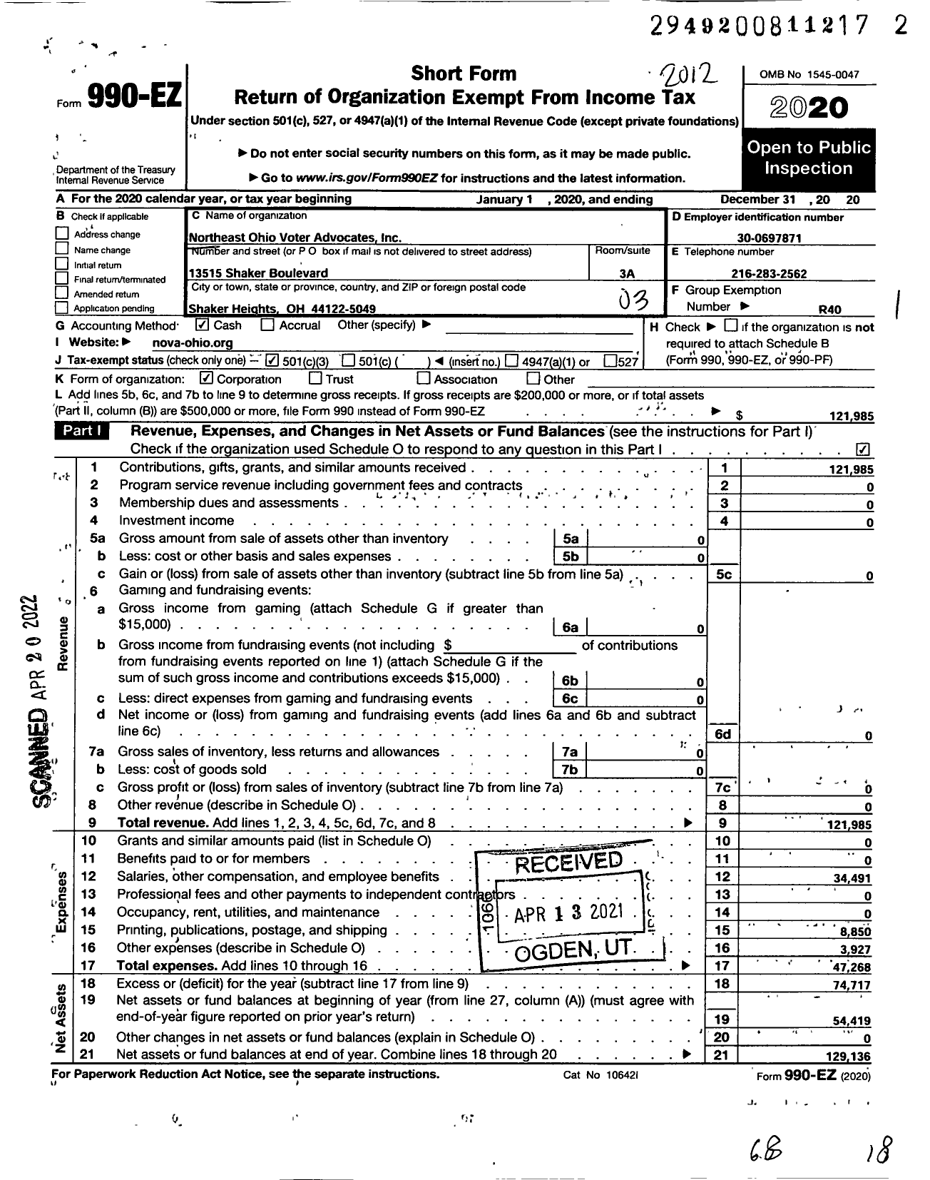 Image of first page of 2020 Form 990EZ for Northeast Ohio Voter Advocates