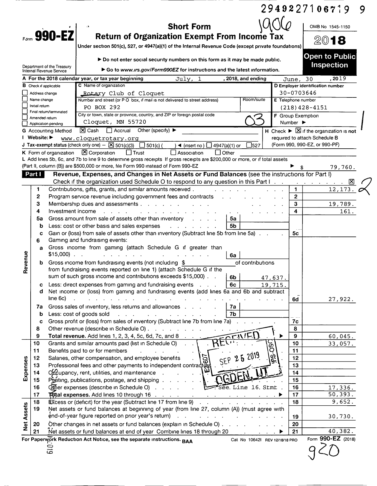 Image of first page of 2018 Form 990EZ for Rotary Club of Cloquet