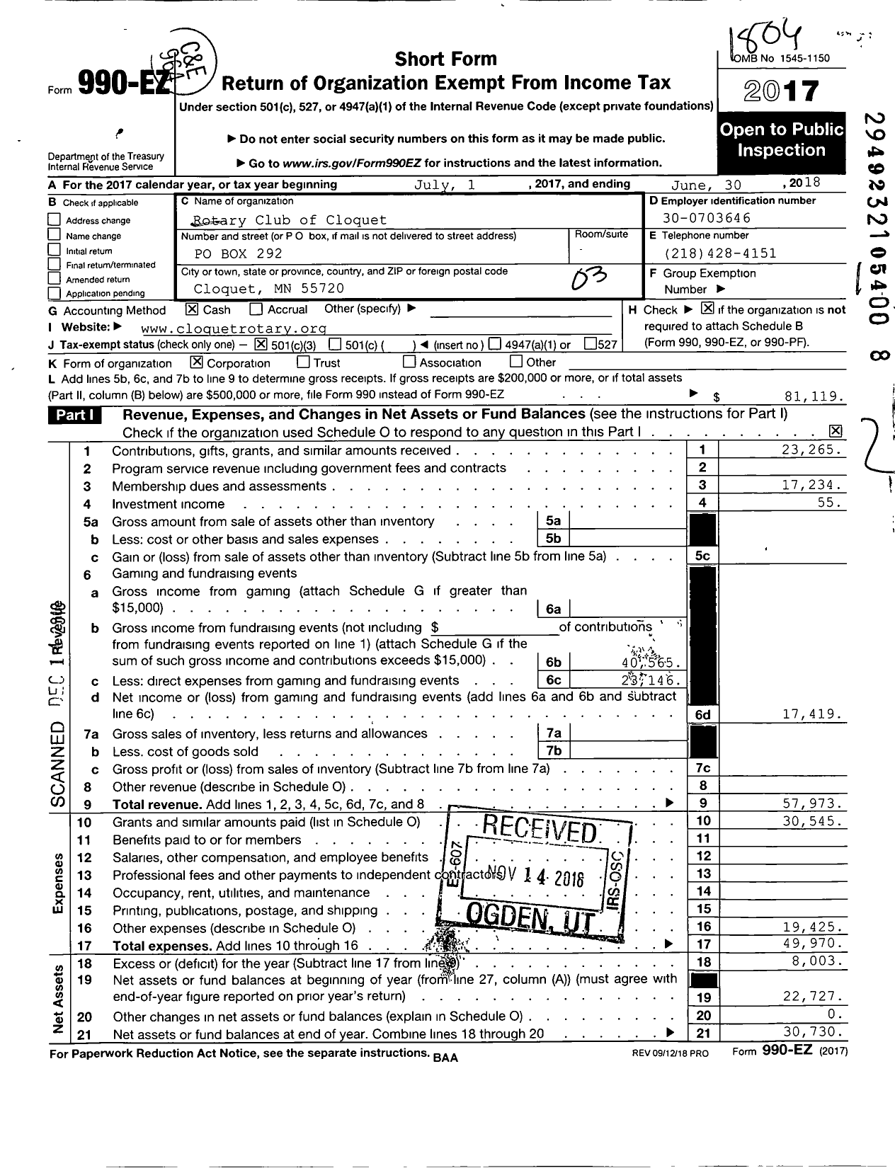 Image of first page of 2017 Form 990EZ for Rotary Club of Cloquet