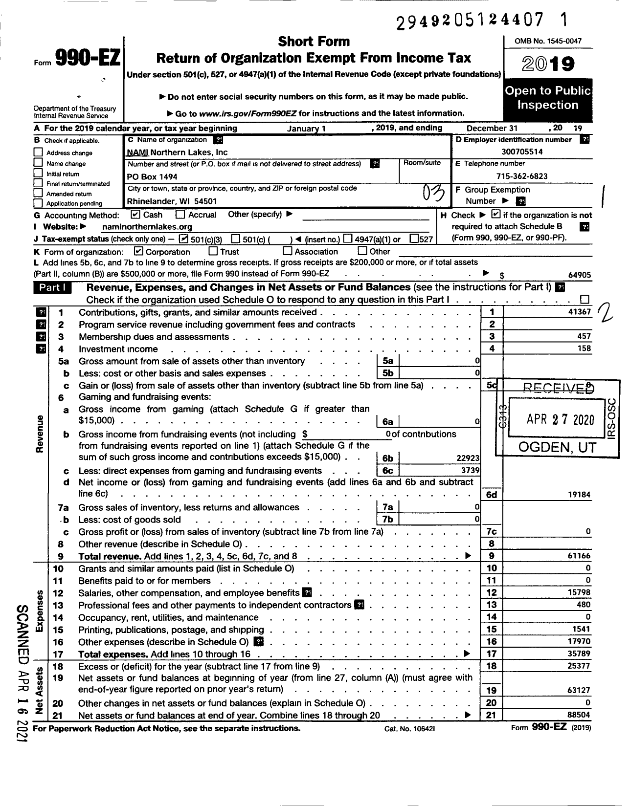 Image of first page of 2019 Form 990EZ for Nami Northern Lakes