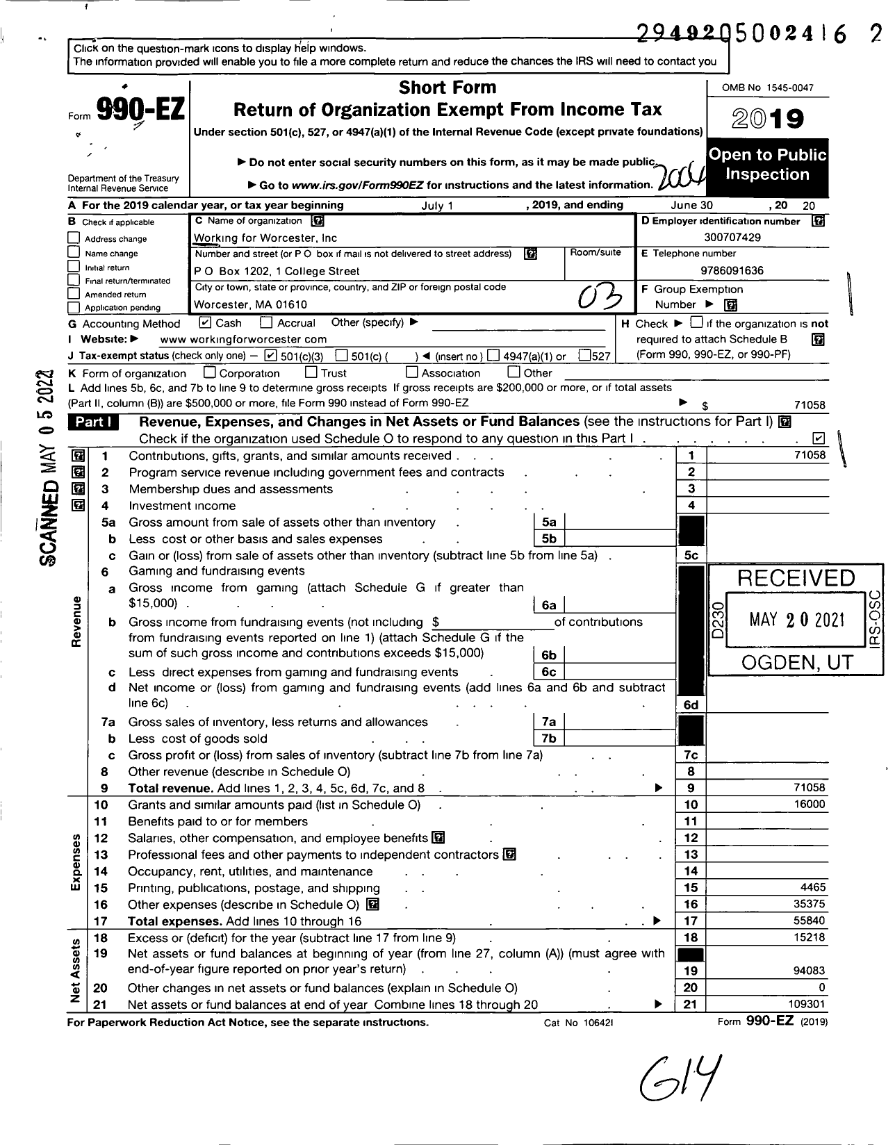 Image of first page of 2019 Form 990EZ for Working for Worcester
