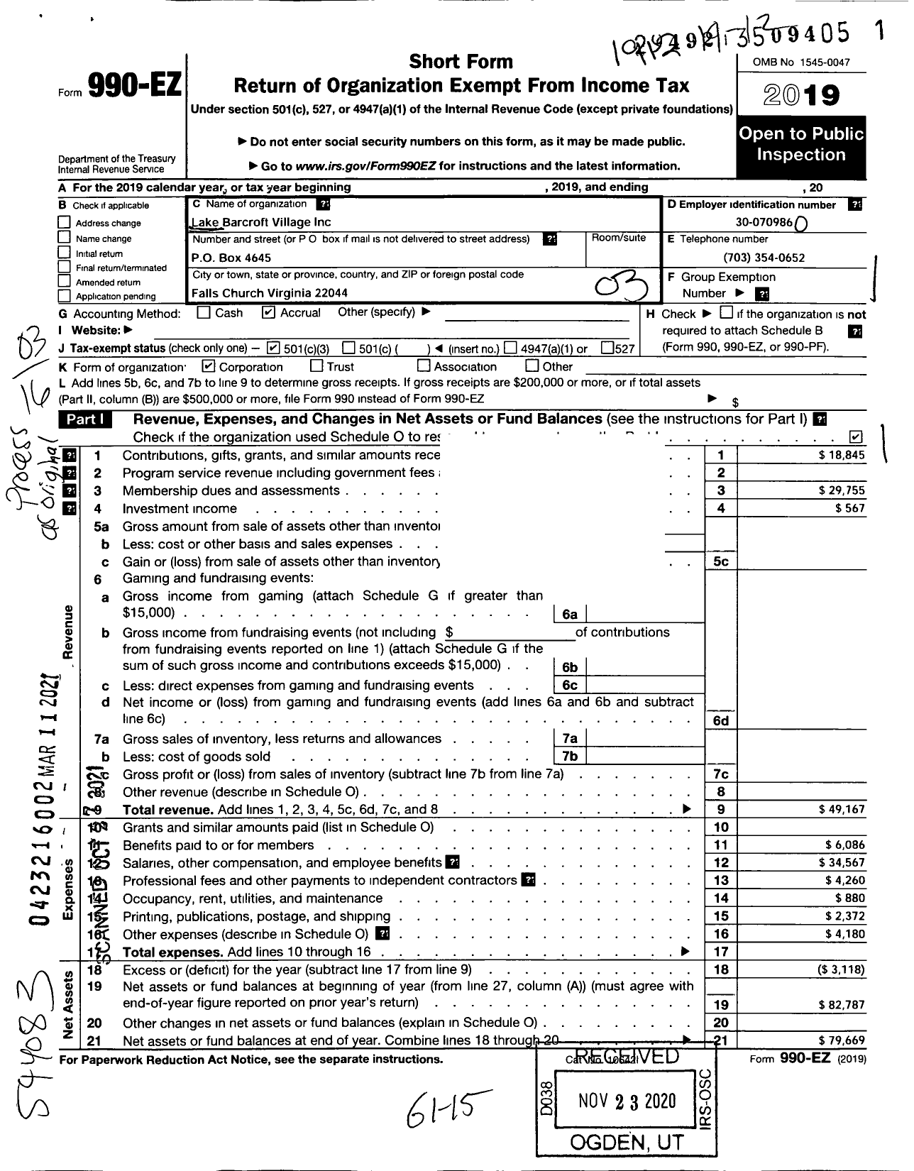 Image of first page of 2019 Form 990EZ for Lake Barcroft Village