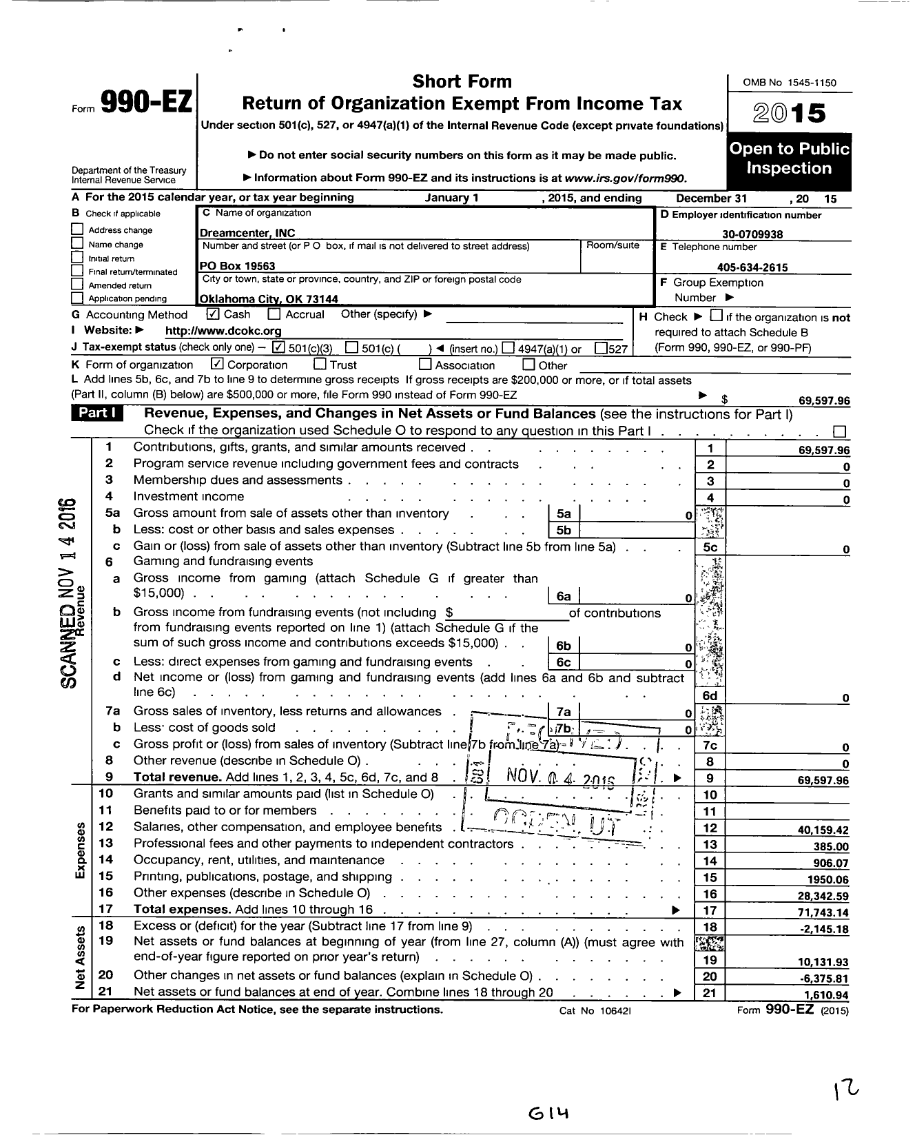 Image of first page of 2015 Form 990EZ for Dream Center Inc OKC Dream Center