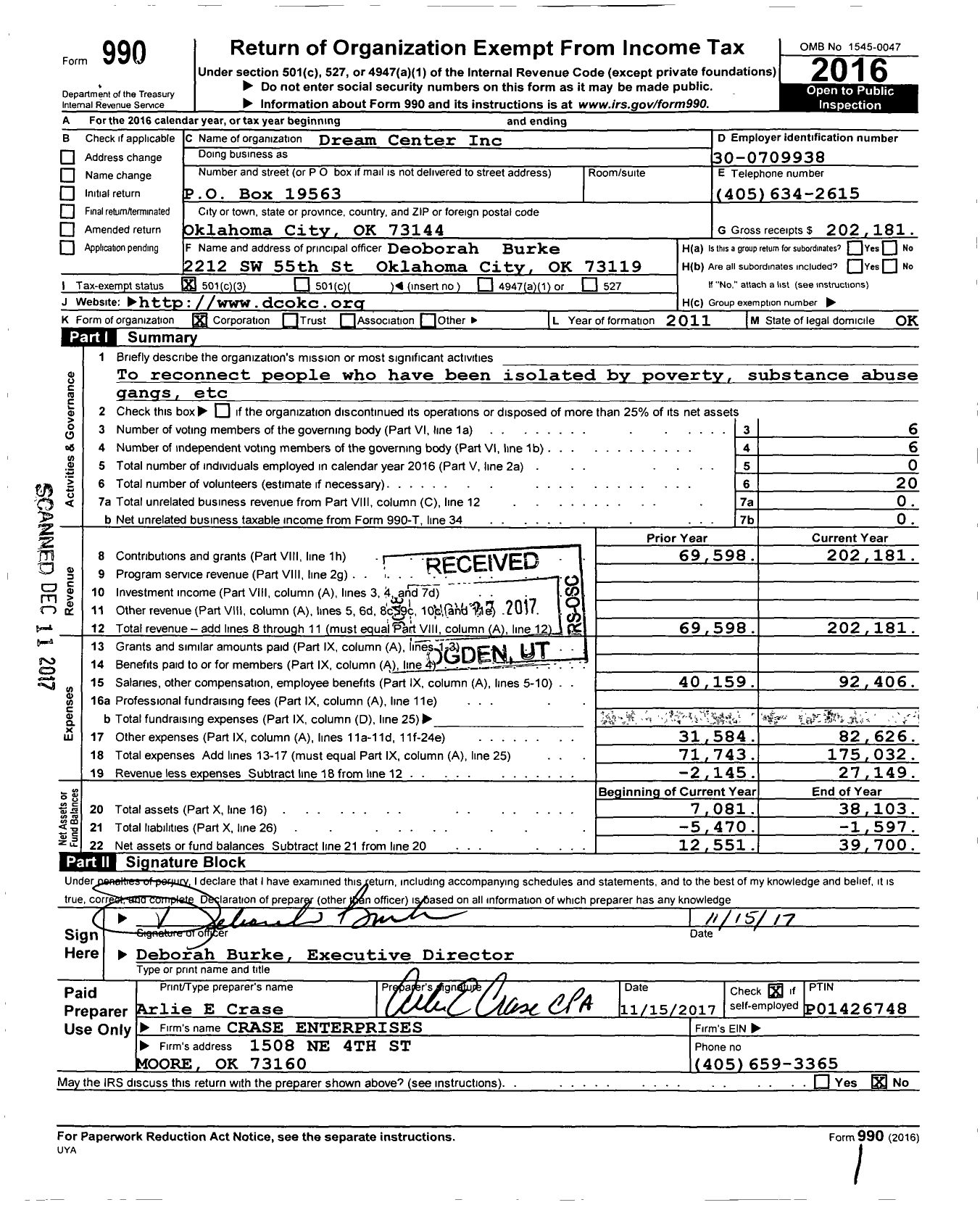 Image of first page of 2016 Form 990 for Dream Center Inc OKC Dream Center