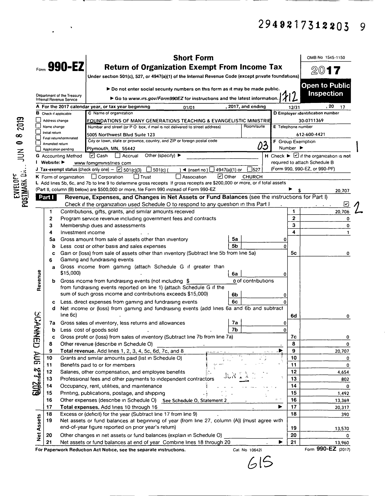 Image of first page of 2017 Form 990EZ for Foundations of Many Generations Teaching and Evangelistic Ministries