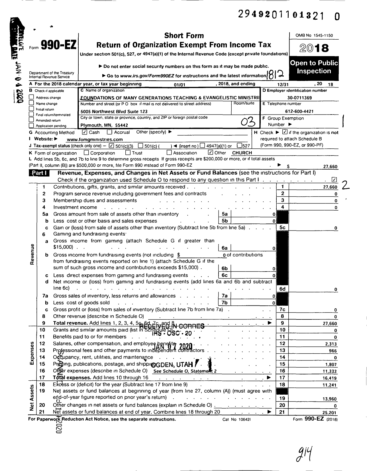 Image of first page of 2018 Form 990EZ for Foundations of Many Generations Teaching and Evangelistic Ministries
