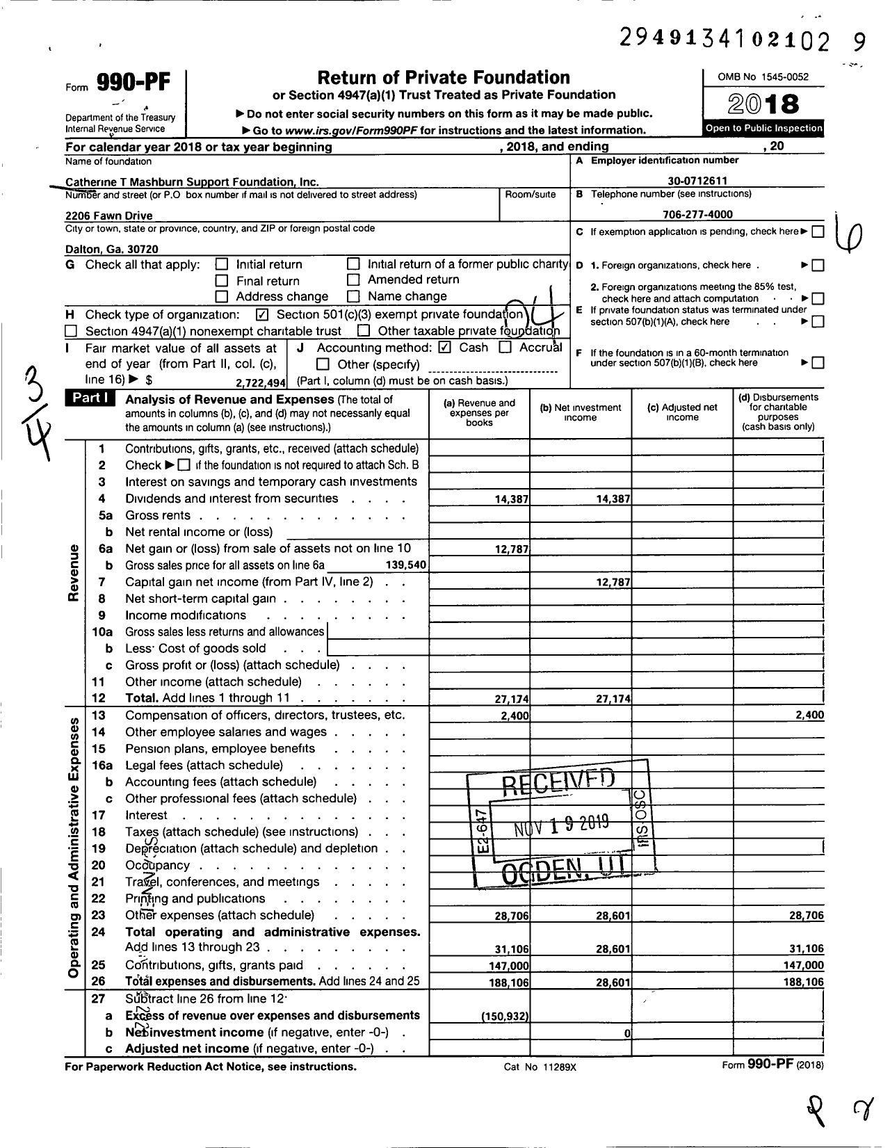 Image of first page of 2018 Form 990PF for Catherine T Mashburn Support Foundation