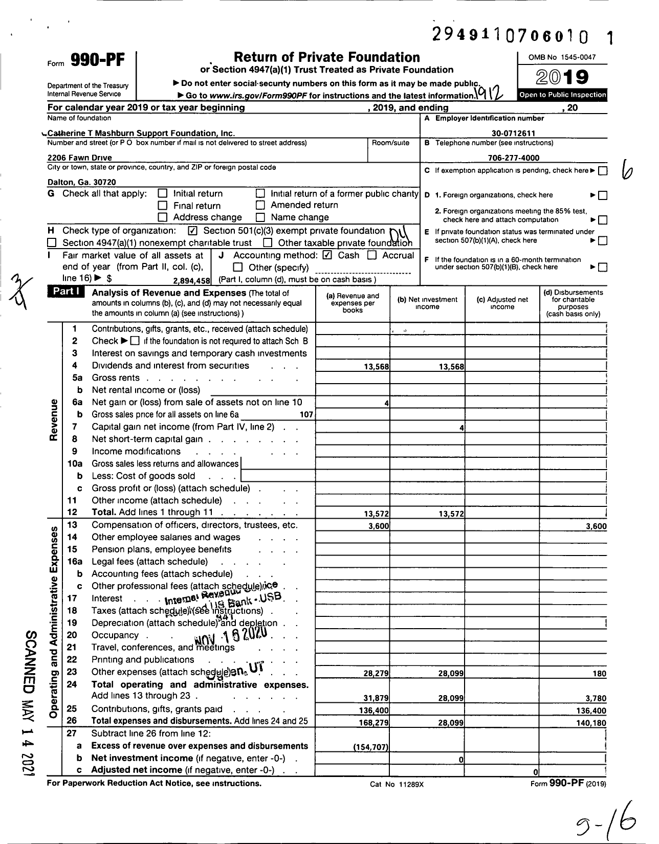 Image of first page of 2019 Form 990PF for Catherine T Mashburn Support Foundation