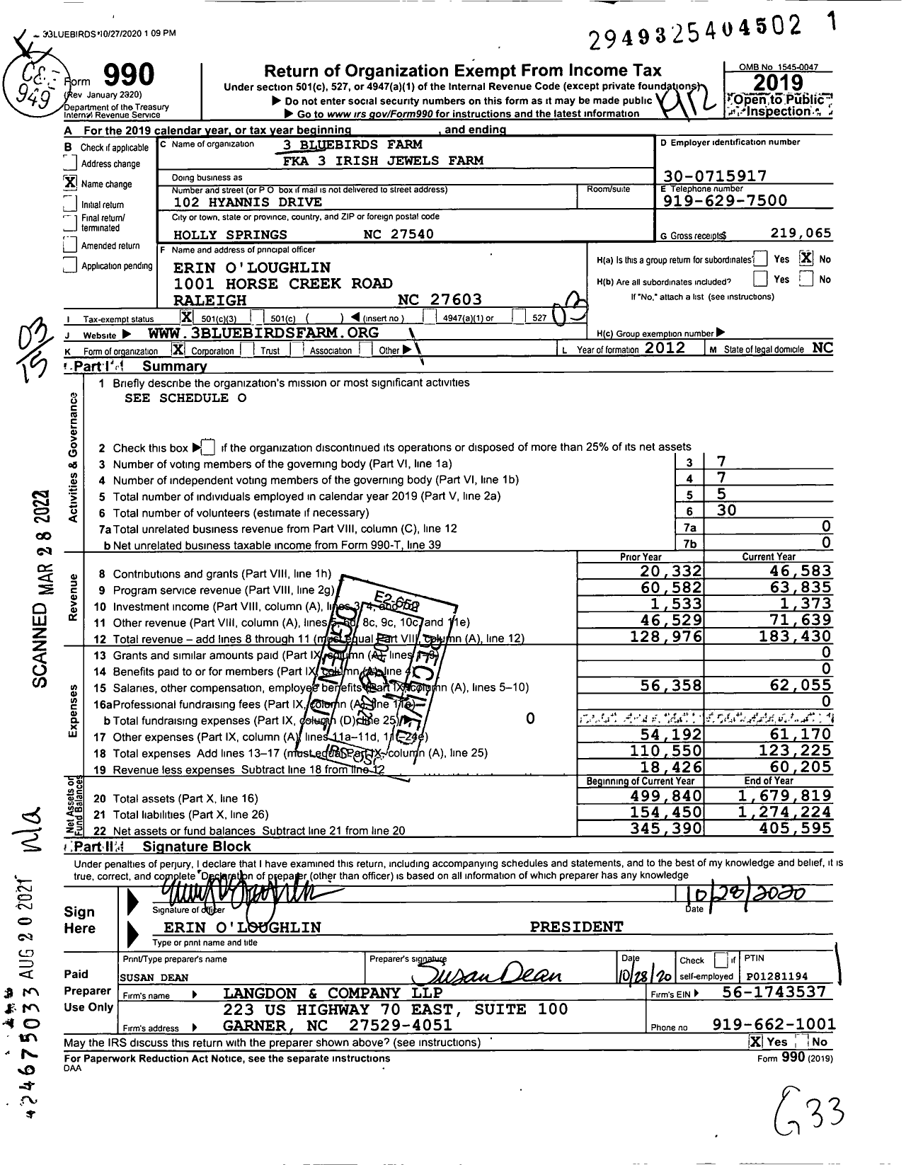 Image of first page of 2019 Form 990 for 3 Bluebirds Farm