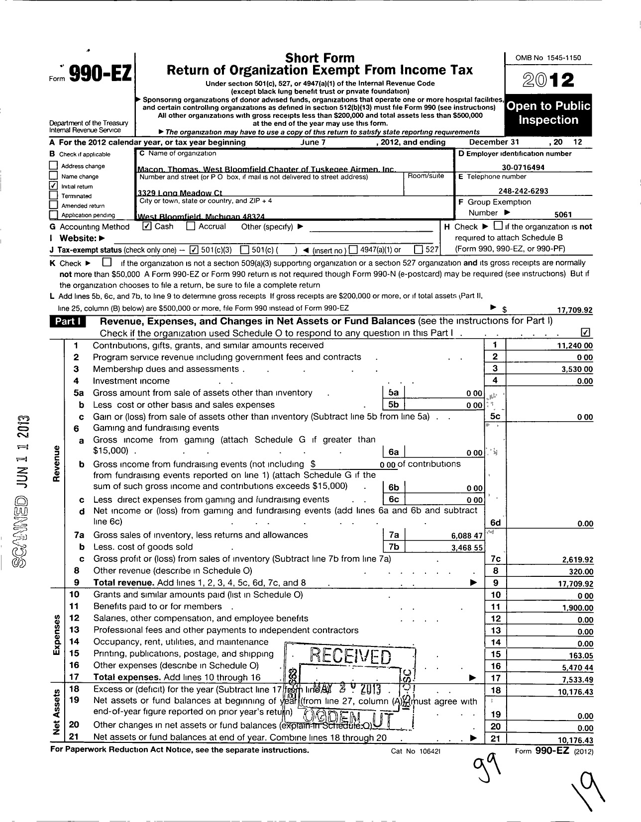 Image of first page of 2012 Form 990EZ for Tuskegee Airmen - Macon - Thomas- West Bloomfield Chapter