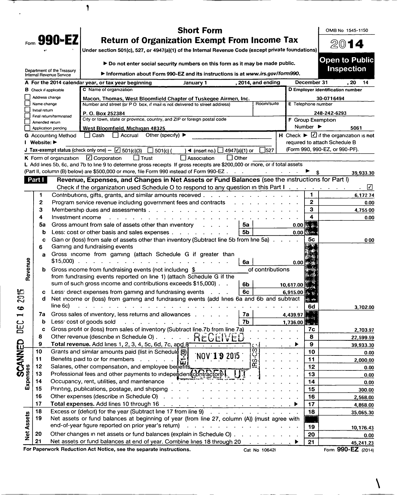 Image of first page of 2014 Form 990EZ for Tuskegee Airmen - Macon - Thomas- West Bloomfield Chapter