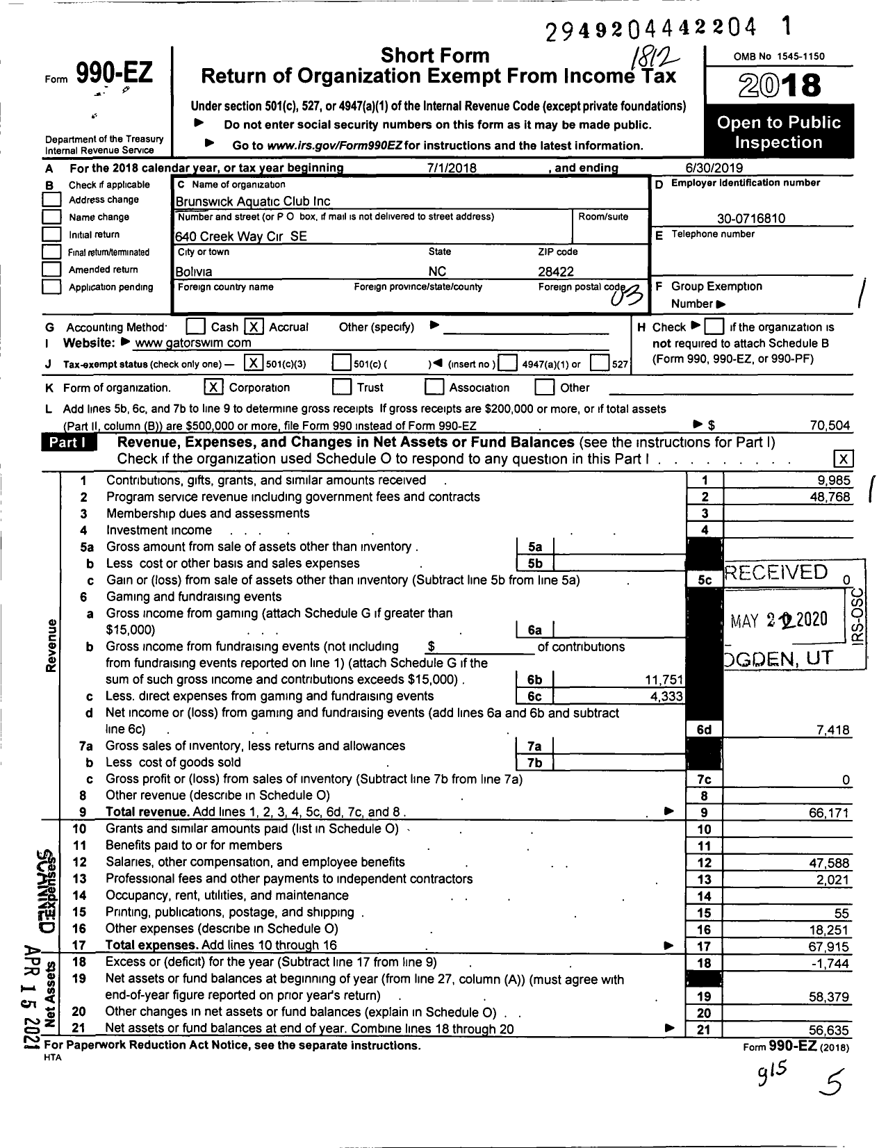 Image of first page of 2018 Form 990EZ for Brunswick Aquatic Club