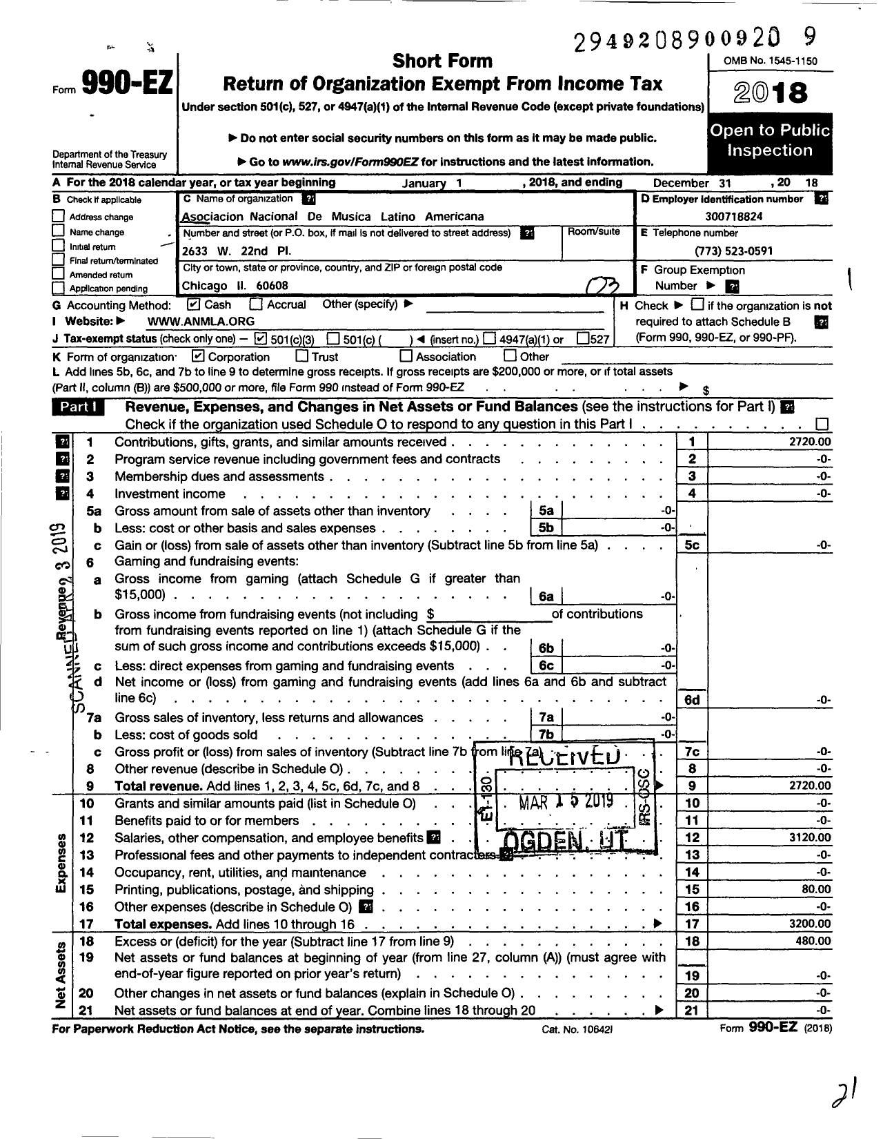 Image of first page of 2018 Form 990EZ for Asociacion Nacional de Musica Latino Americana