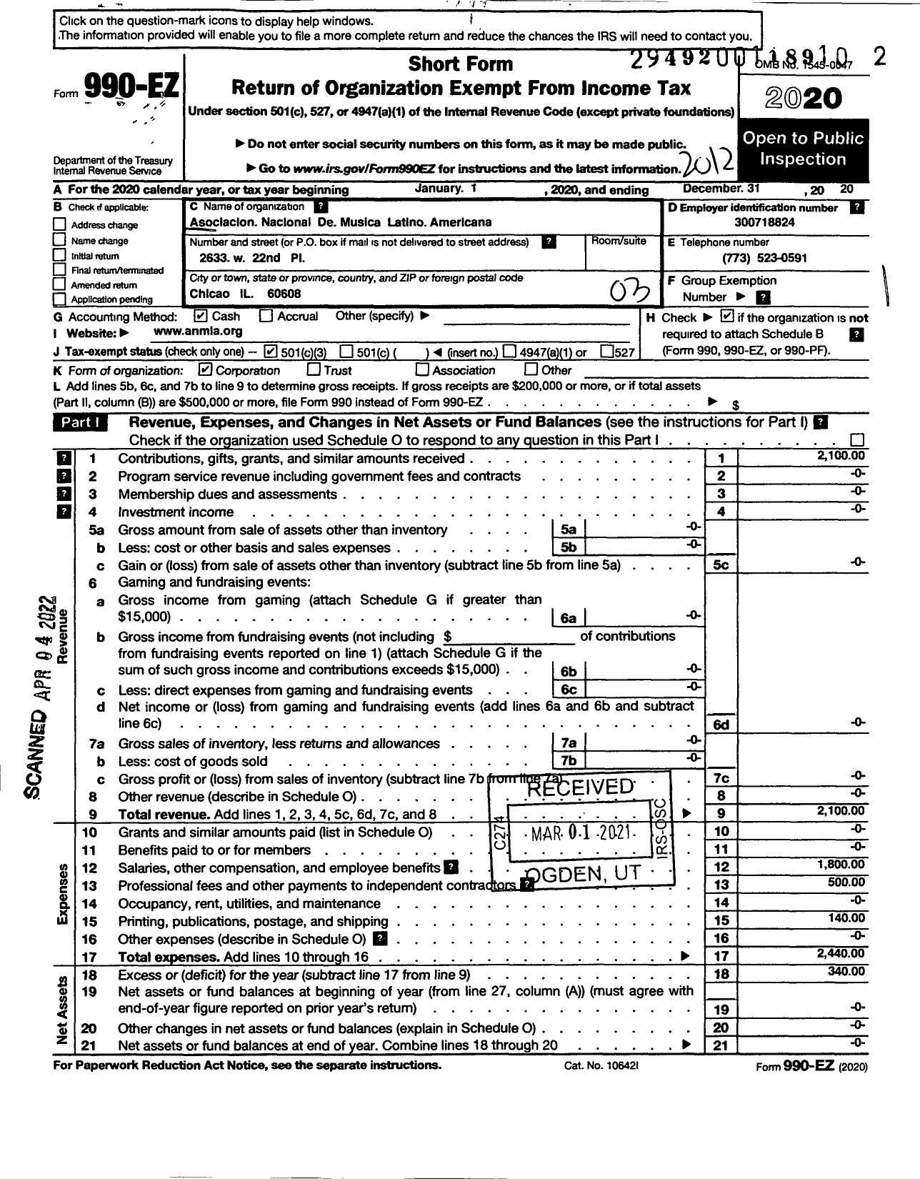 Image of first page of 2020 Form 990EZ for Asociacion Nacional de Musica Latino Americana